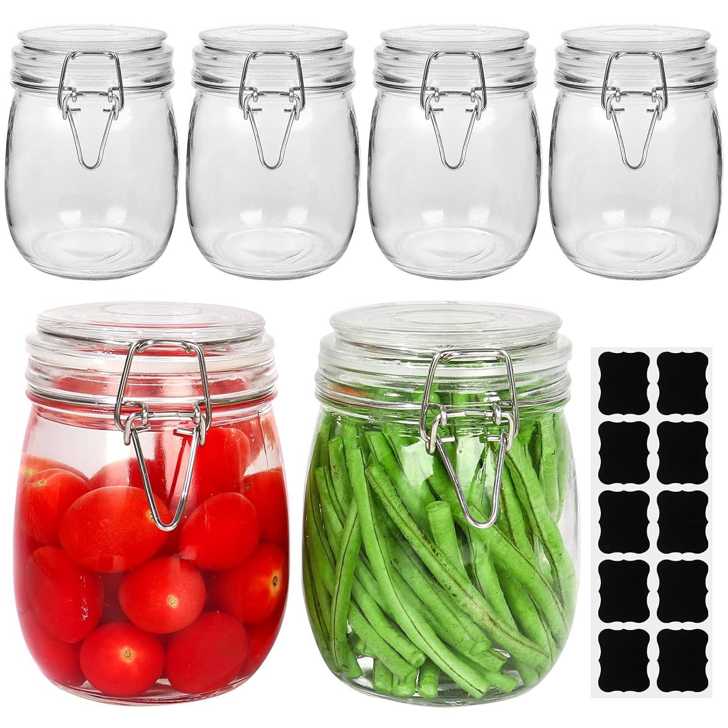 25 oz 6 Pack Clear Glass Jars With Airtight Lids and Leak Proof Rubber Gasket, 750ml Wide Mouth Storage Containers Preserving Jars, Mason Jars With Hinged Lids For Kitchen Storage Canisters