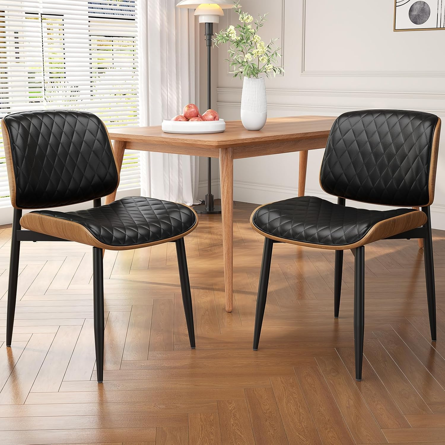 Dining Chairs Set of 2, Mid Century Modern Retro Faux Leather Chair with Walnut Bentwood Back, Upholstered Seat Metal Legs & Adjustable Foot for Kitchen Dining Room Chairs(Black PU)