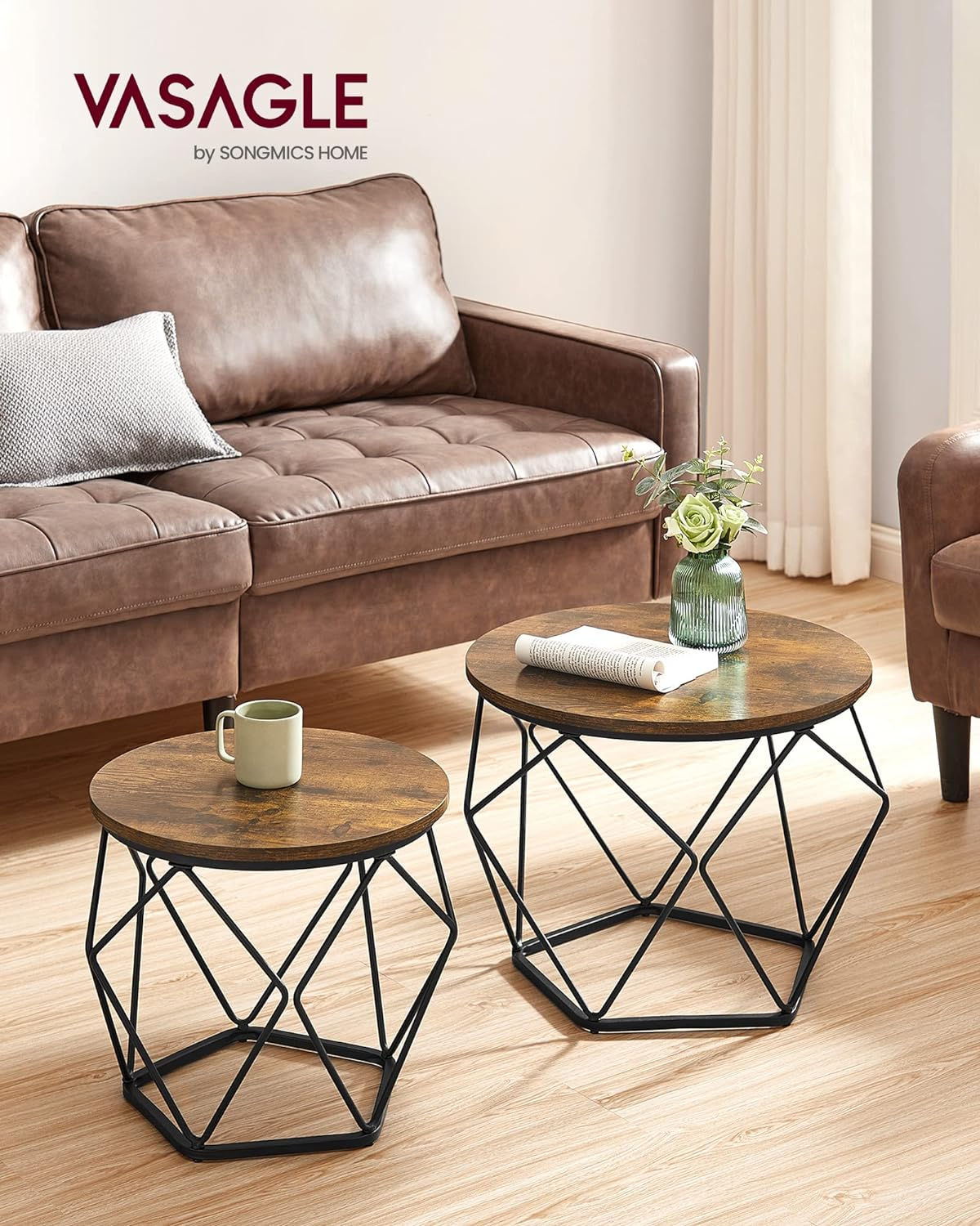 Round Coffee Table Set of 2 Living Room Tables Side End Table with Steel Frame for Bedroom Rustic Brown and Black