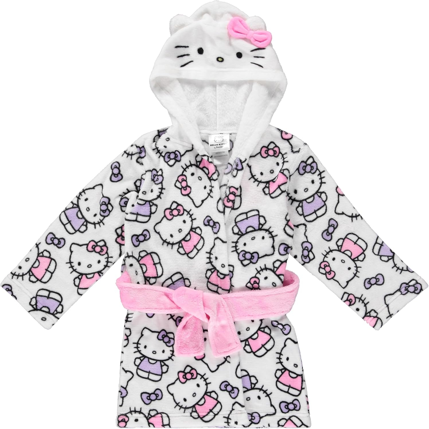 Hello Kitty Girls Fleece Kids Hooded Robe - Super Soft Plush Kids Spa Bathrobe with Pockets, Sizes 4-10 - Official Product