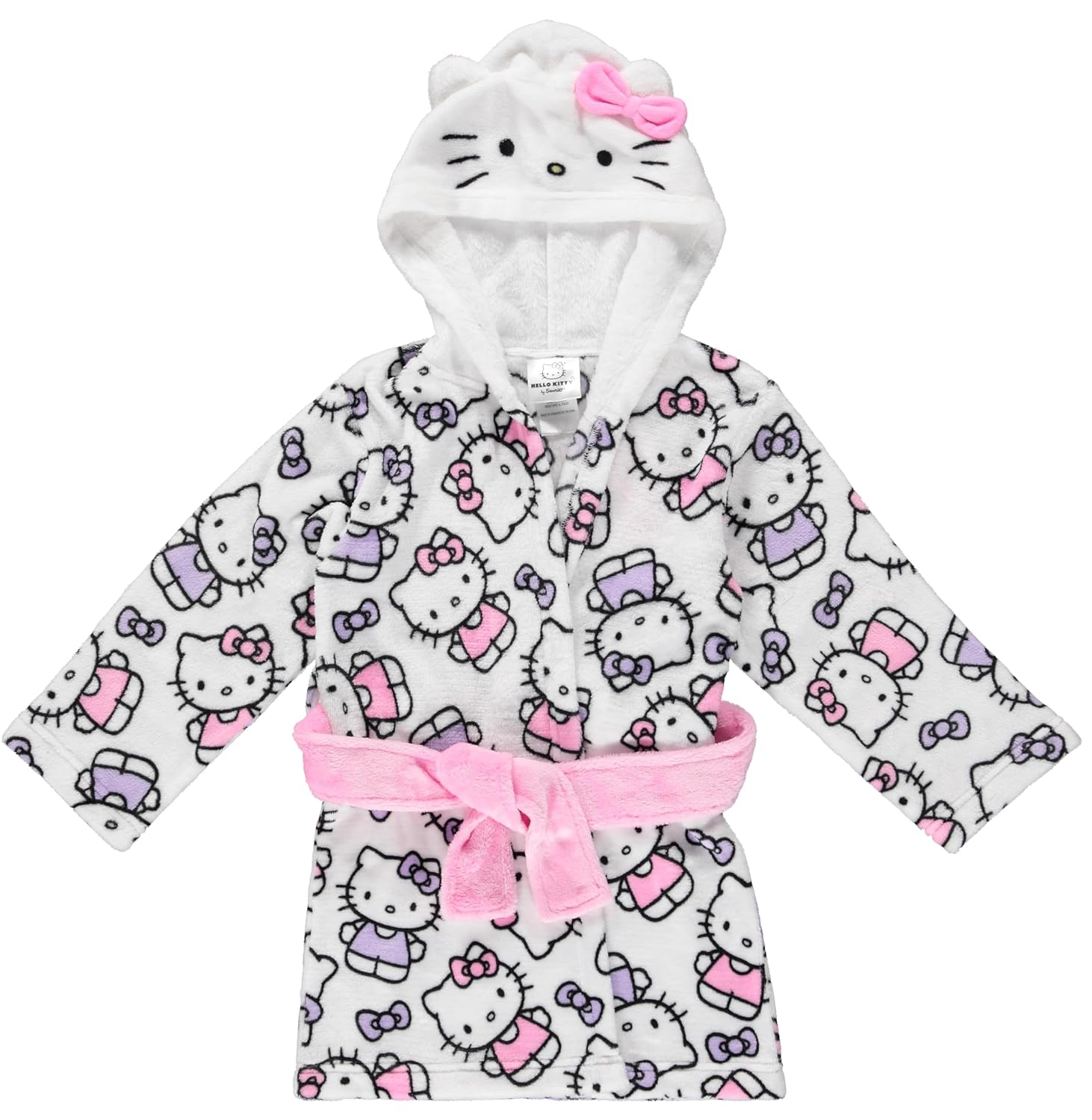 Hello Kitty Girls Fleece Kids Hooded Robe - Super Soft Plush Kids Spa Bathrobe with Pockets, Sizes 4-10 - Official Product
