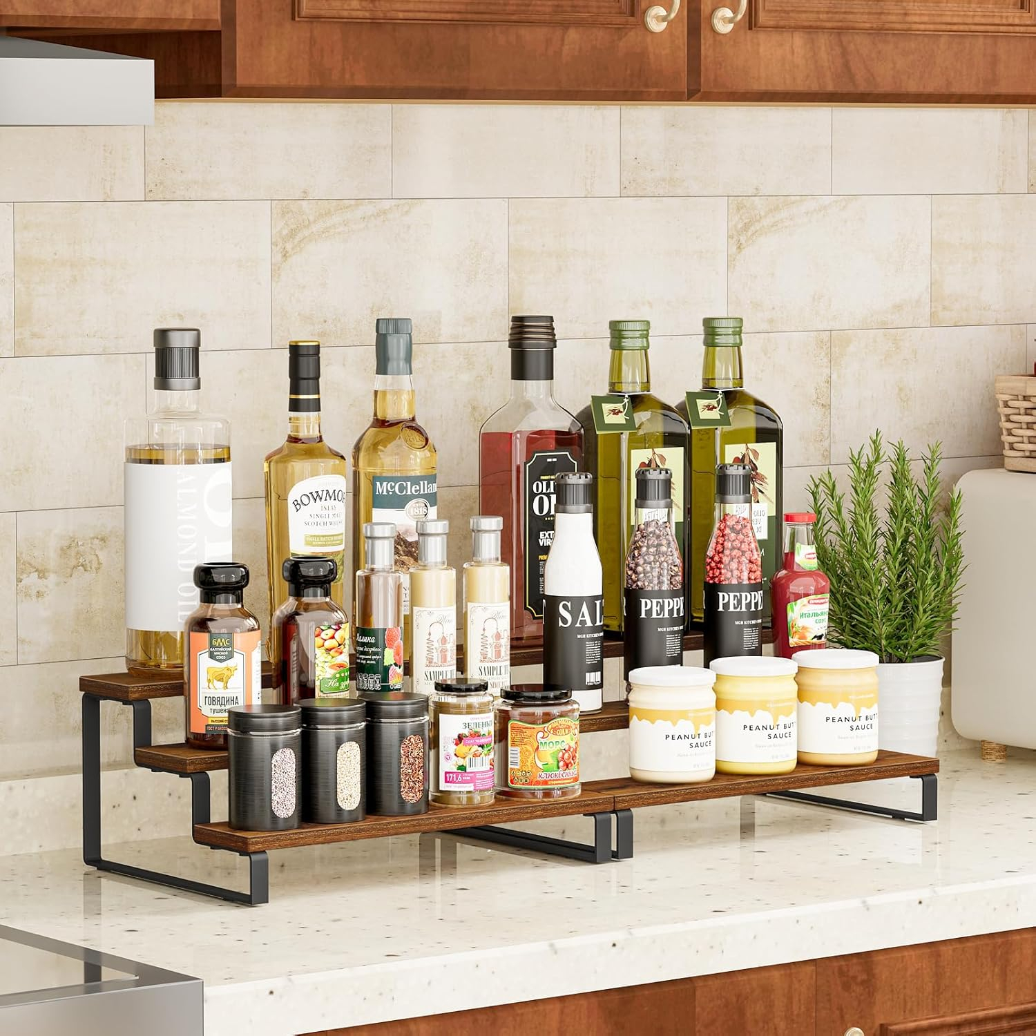 Ophelia & Co. 3-Tier Spice Rack, 13.8 Inch Wood Countertop Spice Storage Holder, Kitchen Pantry Cabinet Organizer Cupboard For Spice Bottles, Jars, Seasonings, Baking Supplies, Metal Frame(Set Of 2)