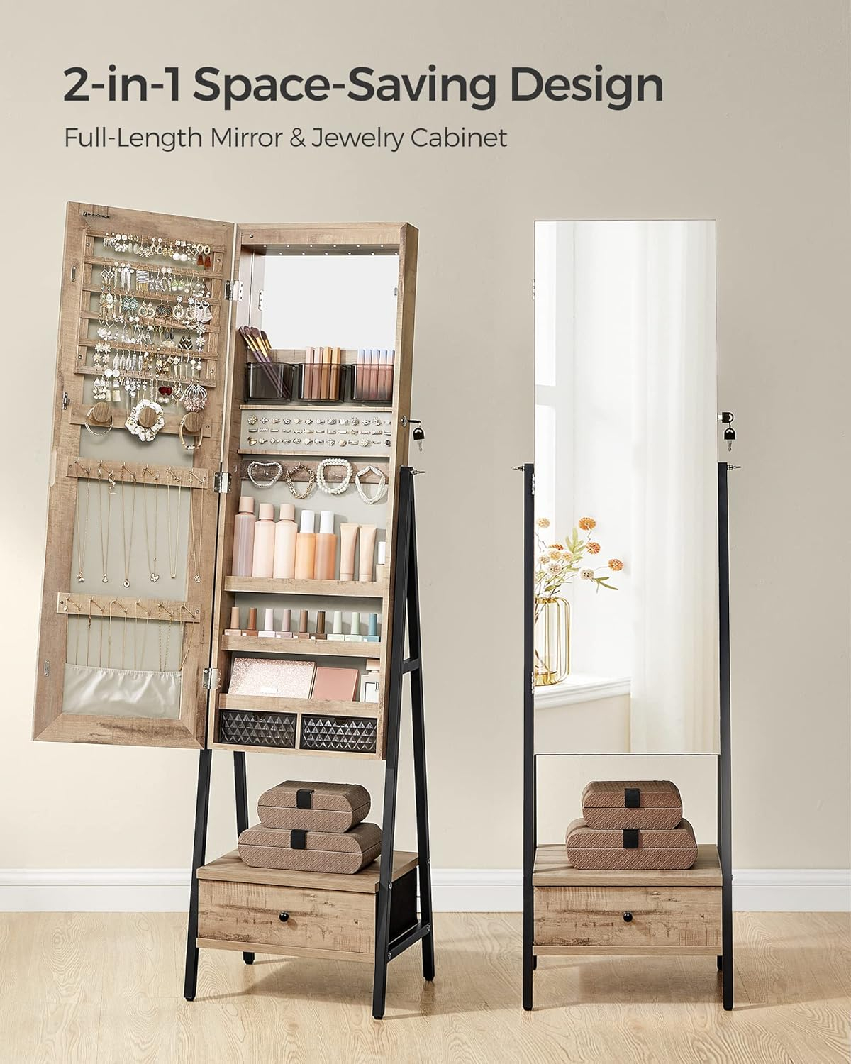 SONGMICS LED Mirror Jewelry Cabinet Standing, Lockable Jewelry Armoire with Full-Length Mirror, Space-Saving Jewelry Organizer with Mirror, Drawer and Shelf, Toasted Oak Color UJJC025N01