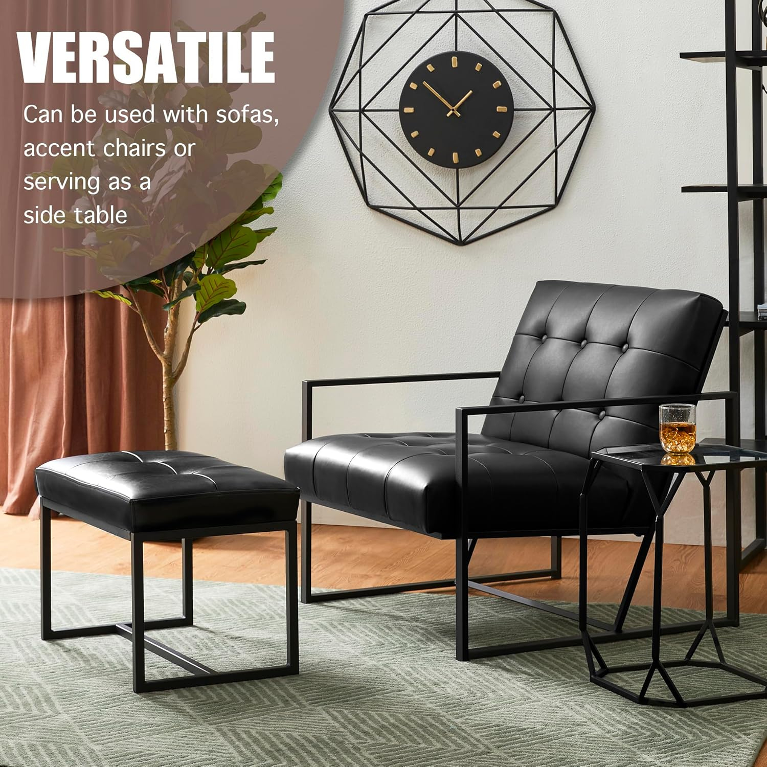 Modern Black Faux Leather Tufted Ottoman with Metal Frame
