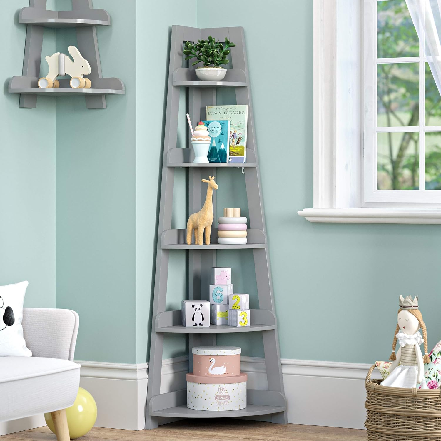 RiverRidge 5-Tier Corner Ladder Bookshelf for Kids Gray - Versatile Corner Shelf with Open Shelves Display Shelf for Books and Toys Corner Storage