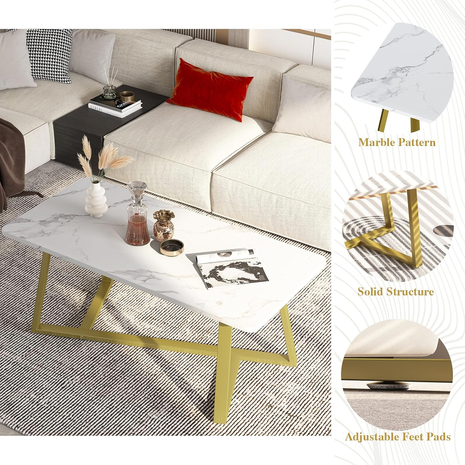 White Faux Marble Rectangular Tea Table with Sturdy Metal Frame, Simple Modern Industrial Wooden Coffee Table for Living Room