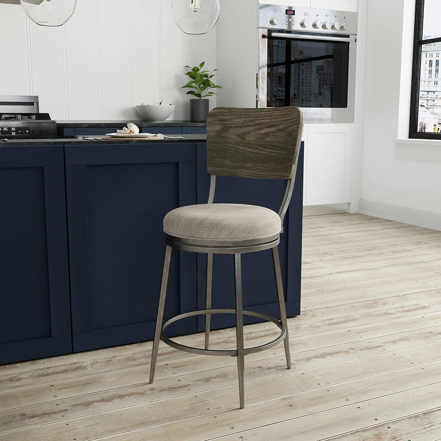 Hillsdale, Garren Metal Counter Height Swivel Stool with Wood Panel Back, Rubbed Pewter
