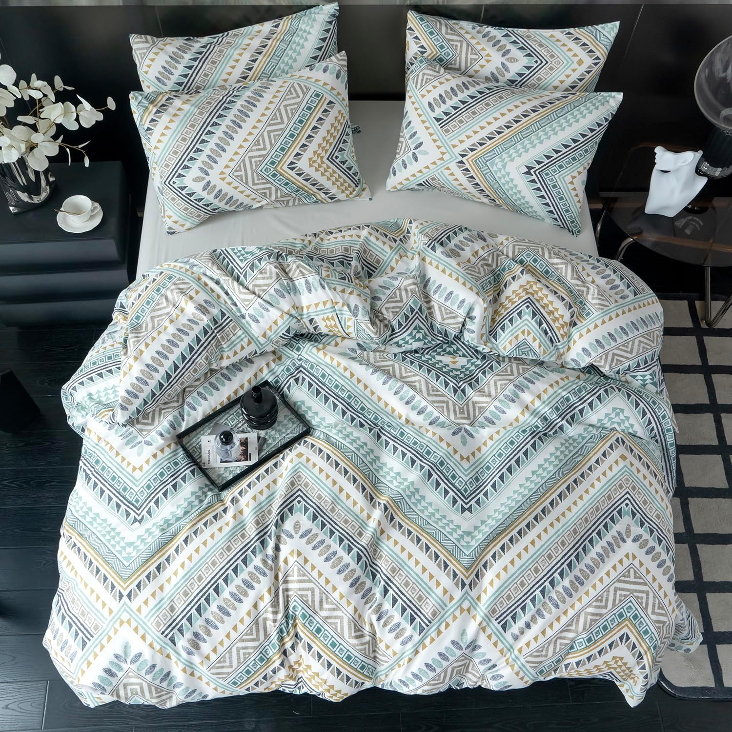 Boho Duvet Cover King, 3 Pieces Boho King Bedding Set, Ethnic Yellow White Green Louvre Bohemian Pattern Duvet Covers, 100% Cotton, Luxury Soft Breathable Comfy with Zipper Closure