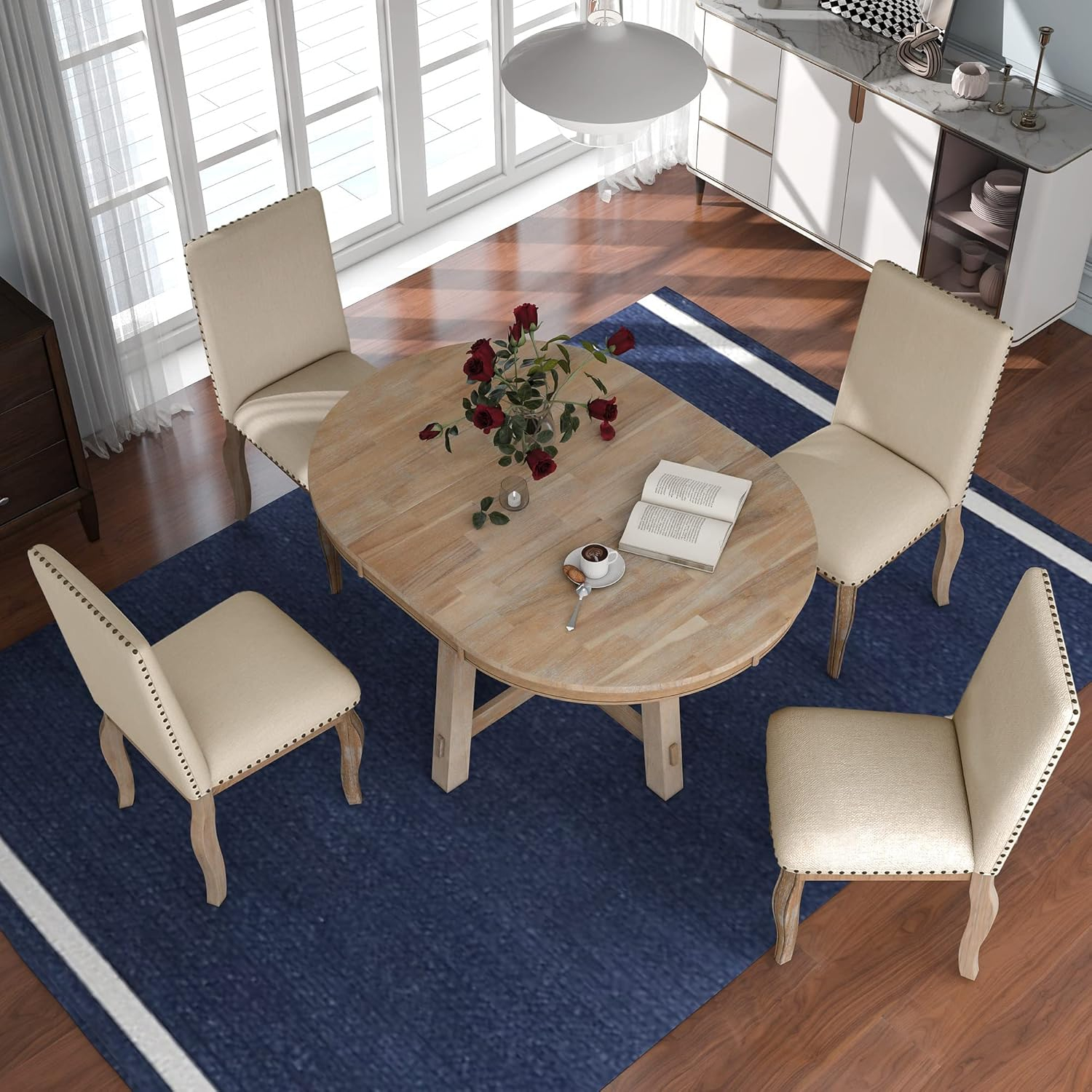 P PURLOVE 5 Pieces Dining Table Set Round Kitchen Extendable Dining Table with 4 Upholstered Chairs for Dining Room, Chair with Nail Head Trim, Bistro Table Set, Natural Wood Wash