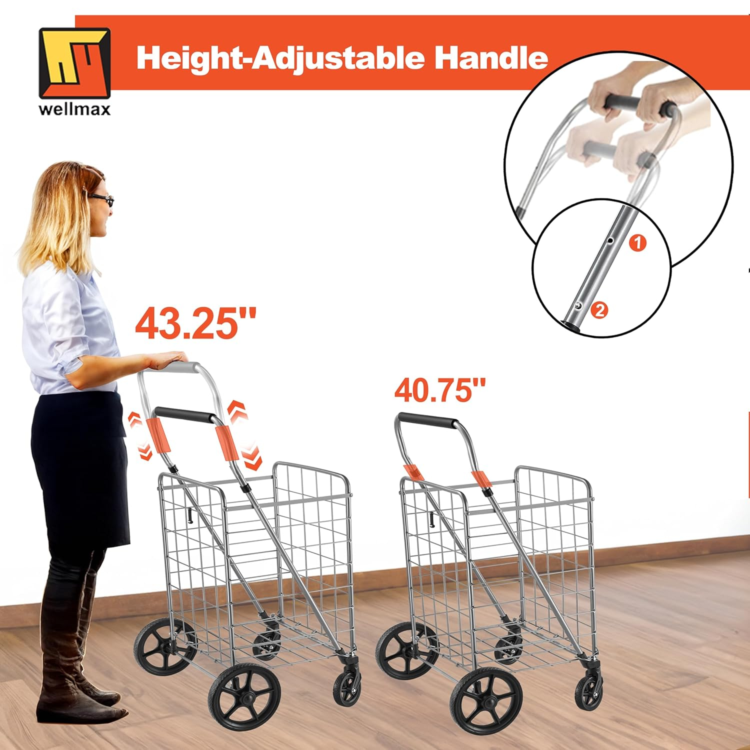 Wellmax Grocery Shopping Cart with Swivel Wheels, Foldable and Collapsible Utility Cart with Adjustable Height Handle, Heavy Duty Light Weight Trolley