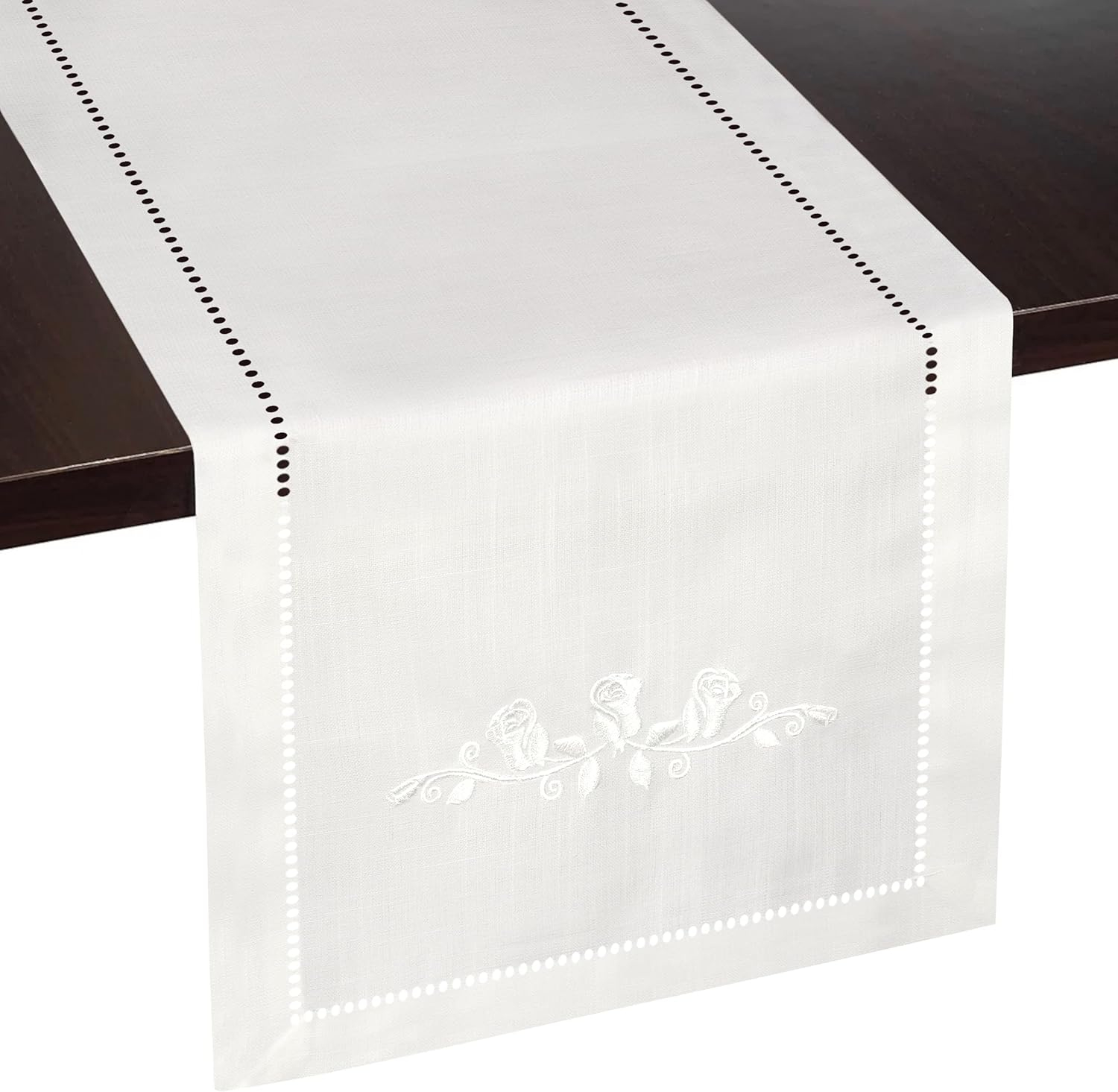 Rose Embroidery Spring Table Runner Farmhouse Decor Off-White Ivory 13 x 72 Polyester Linen
