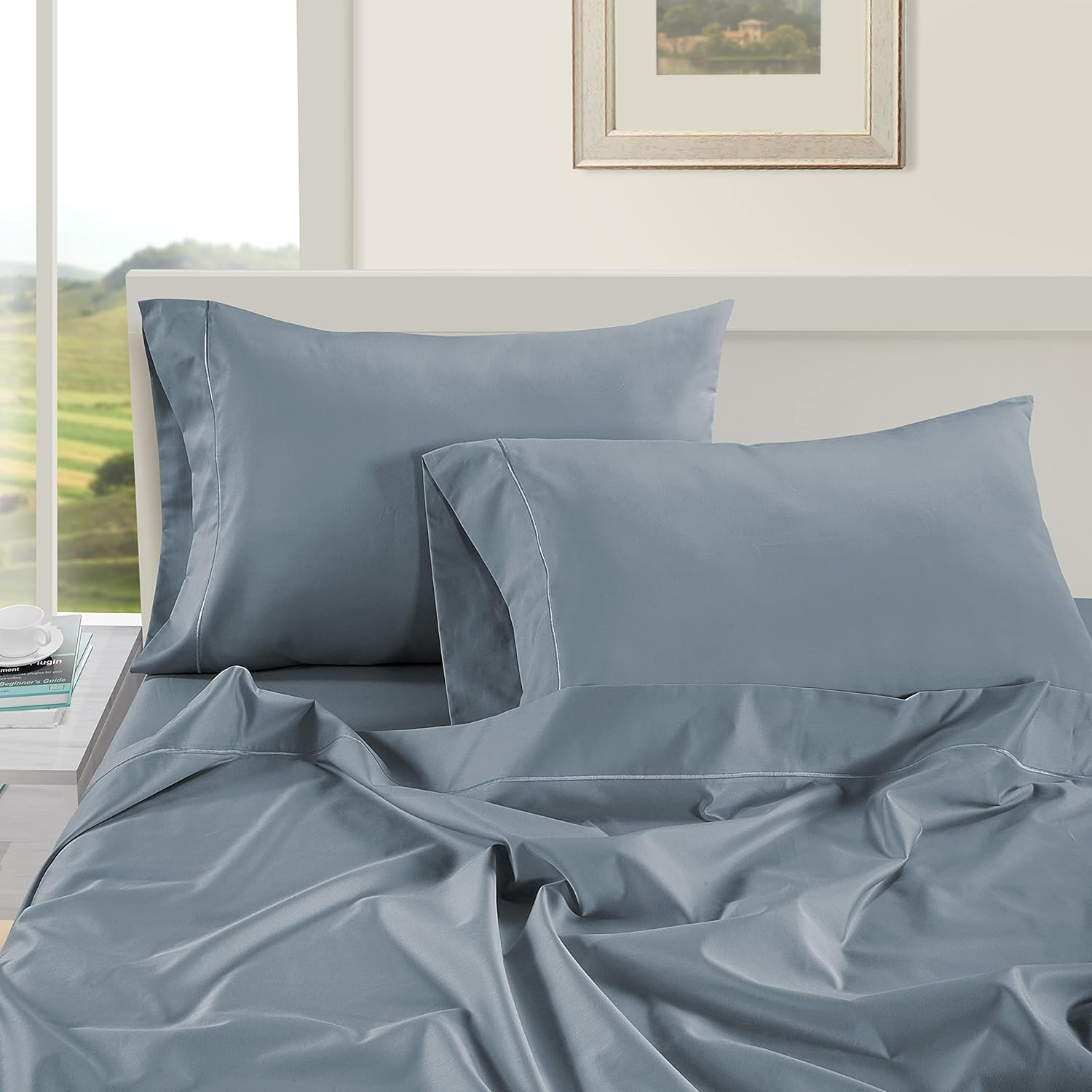 LANE LINEN 1000 TC 100% Egyptian Cotton Queen Sheet Set, 16 inch Deep Pocket Fully Elasticized French Reinforced Pocket Seams for Soft, Comfy & Fresh Bed Eco Friendly Cooling Sheets Queen -Blue
