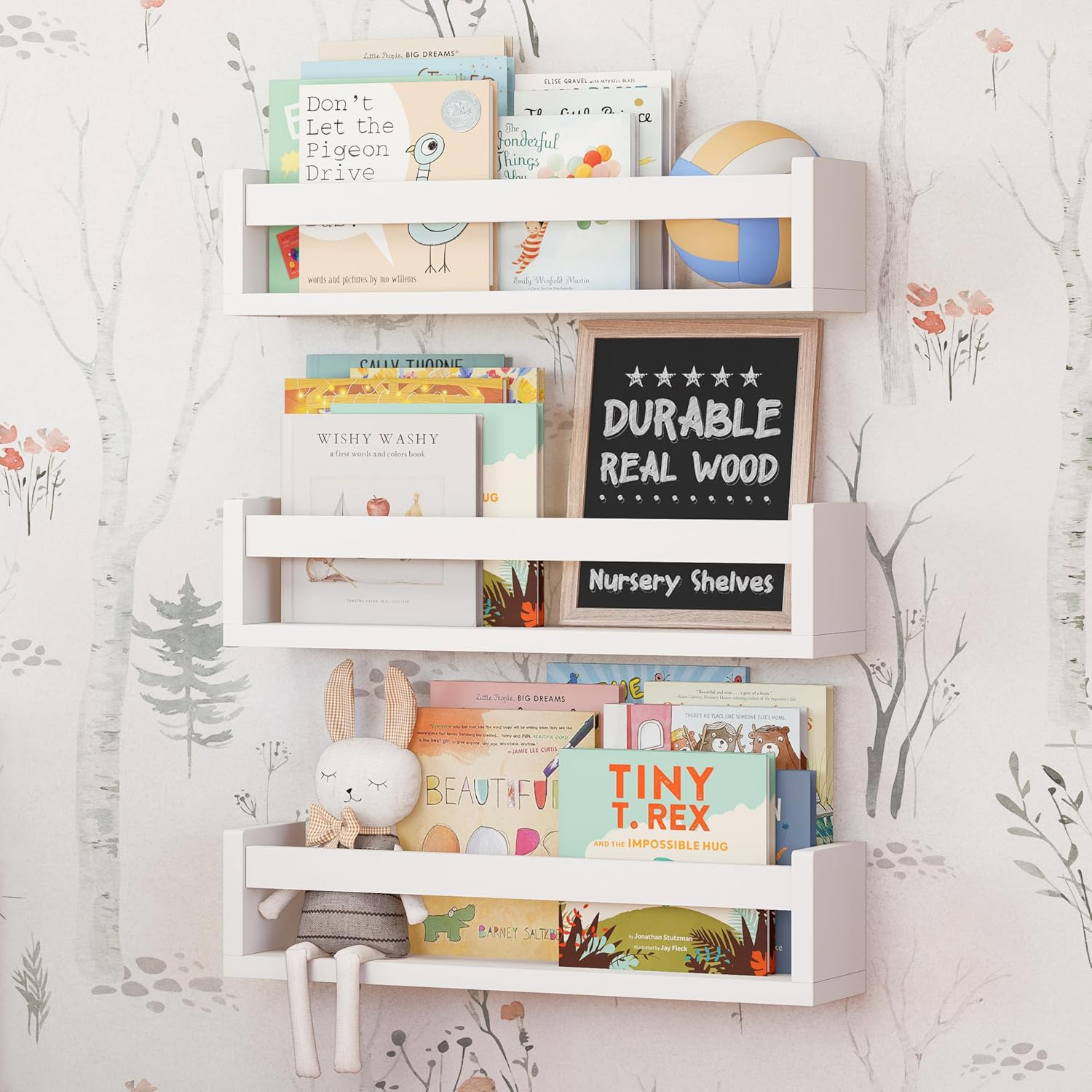 Nature Supplies Set of 3 White Nursery Room Shelves. Floating Bookshelf Classic White