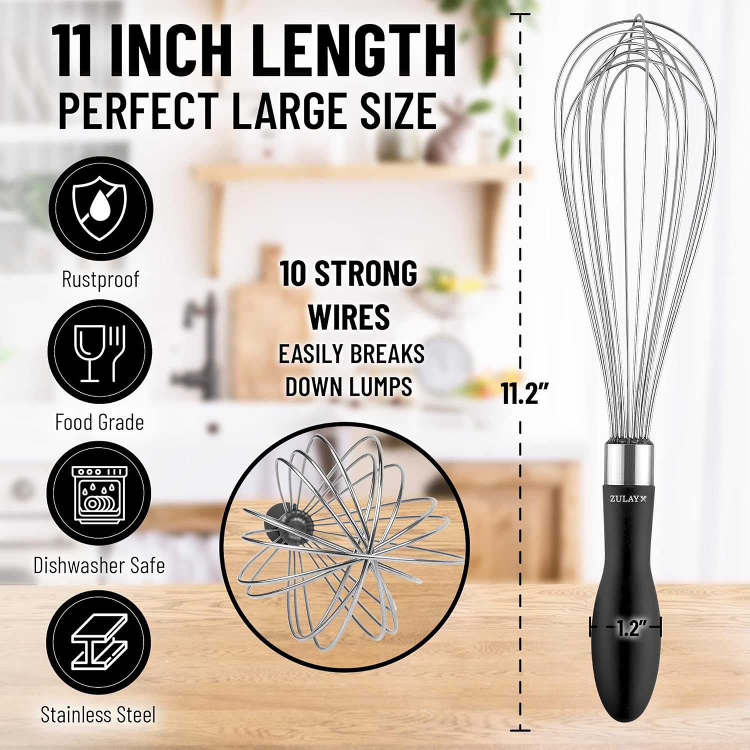 11-Inch Stainless Steel Balloon Whisk with Black Silicone Handle