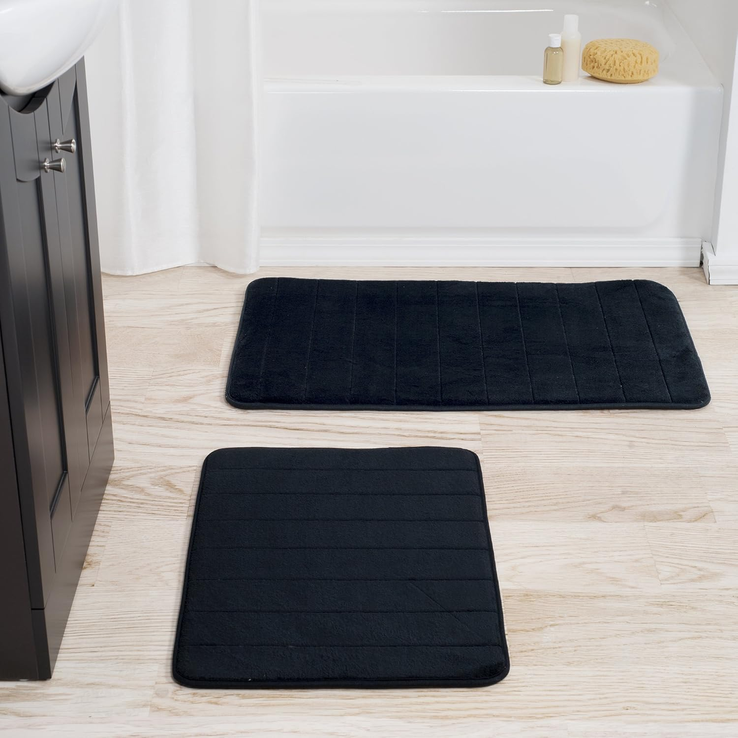Lavish Home Bathroom Rugs - 2-Piece Memory Foam Bath Mats with Microfiber Top - Non-Slip Absorbent Rugs for Shower, Laundry, or Kitchen (Black)