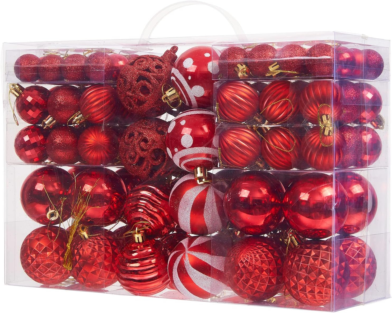 Yhmxh 100Pcs Christmas Ball Ornaments Sets, Christmas Decorations Shatterproof Xmas Balls for Christmas Tree Decor, Assorted Shapes and Sizes Hanging Ball for Holiday Festival Party Event - Red