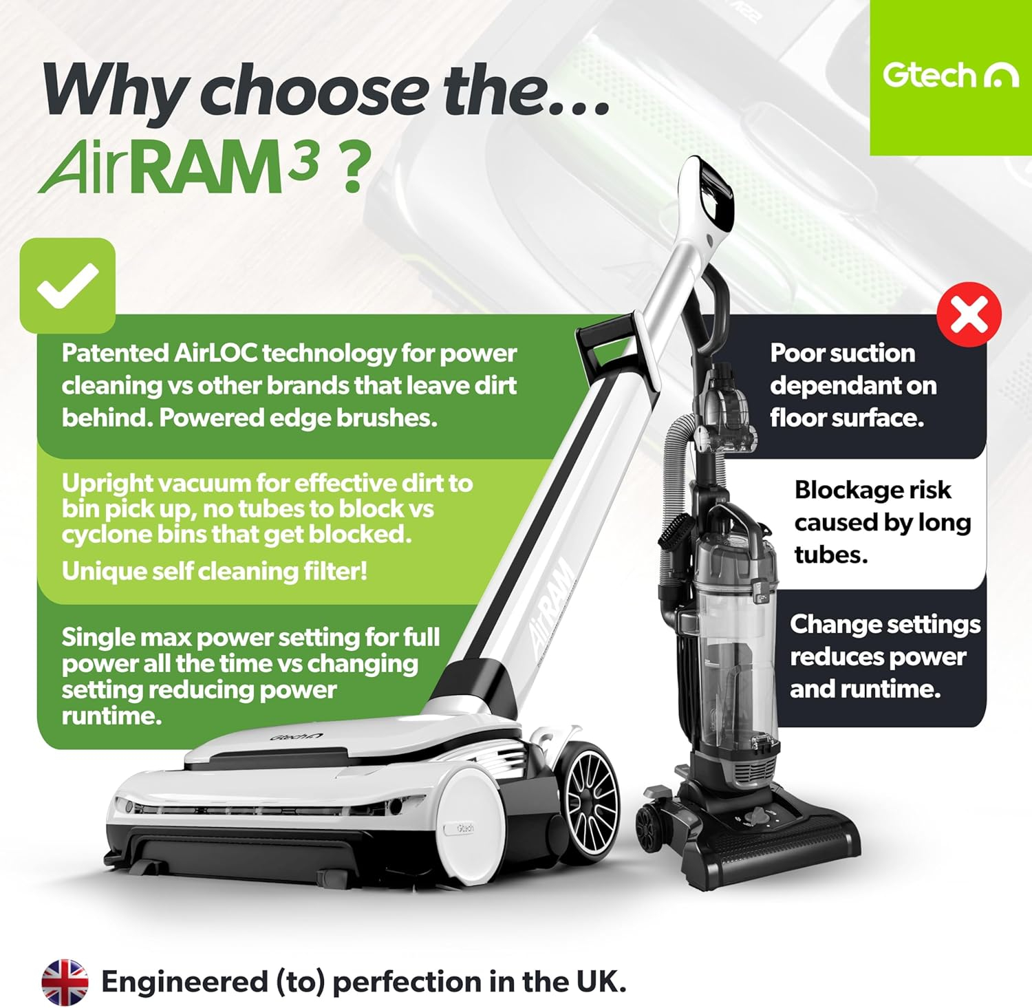 Gtech AirRAM 3 Cordless Vacuum Cleaner with Anti-Hair Wrap Bar - Dual Edge-Clean Brushes - Perfect for Carpet and Hardwood Floors - Rechargeable 22v Li-ion Battery - Lightweight - New Model