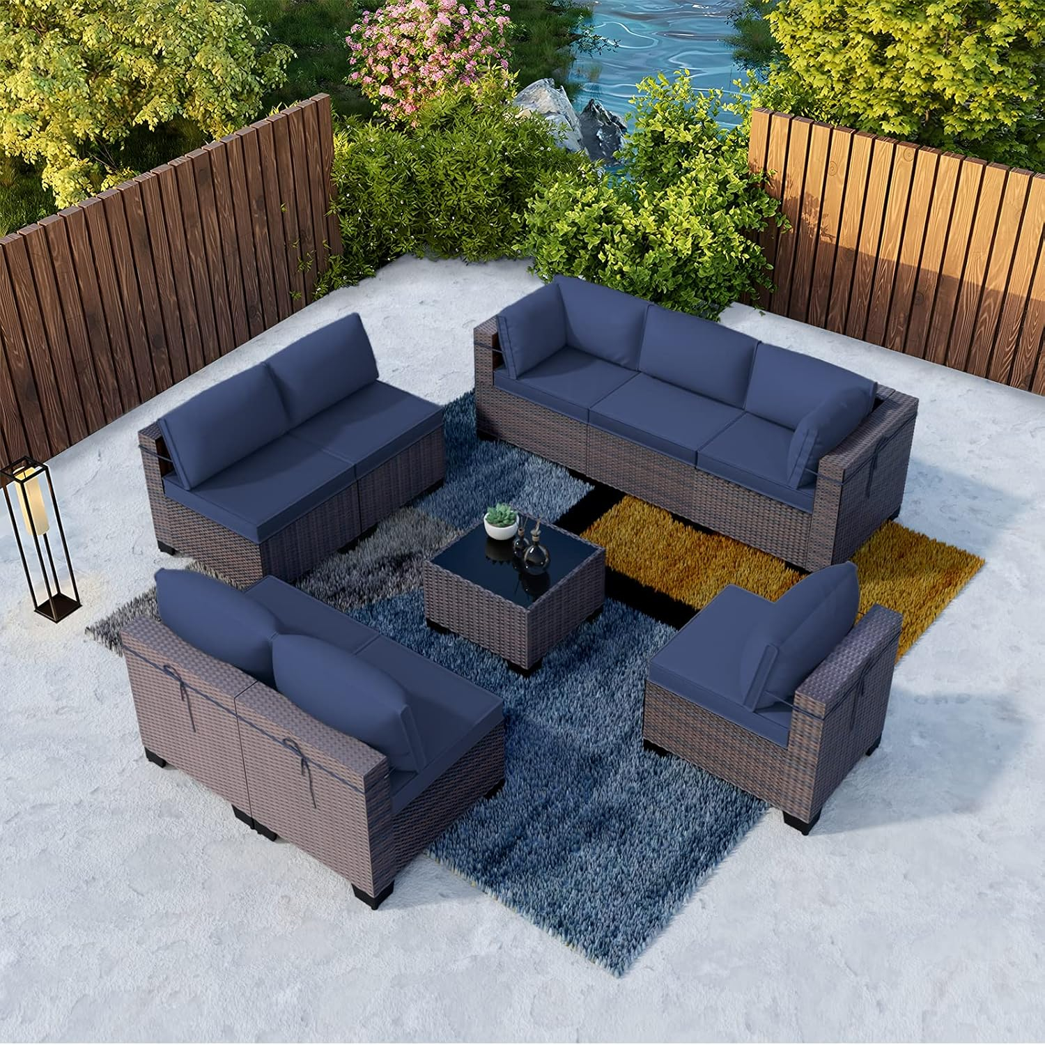 Kullavik 9 Pieces Outdoor Patio Furniture Set Outdoor Sectional Rattan Sofa Set Brown Manual Wicker Patio Conversation Set with Navy Blue Cushions,1 Tempered Glass Tea Table and Cushions Covers