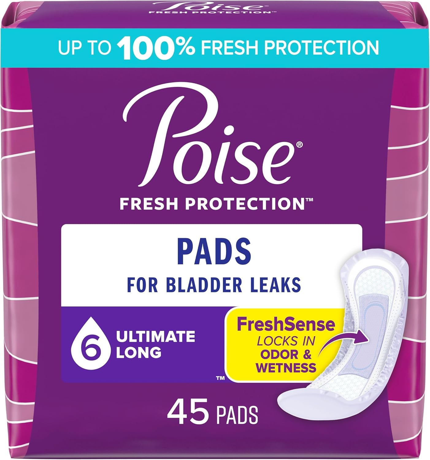 Poise Incontinence Pads for Women, 6 Drop Ultimate Absorbency, Long Length, 45 Count