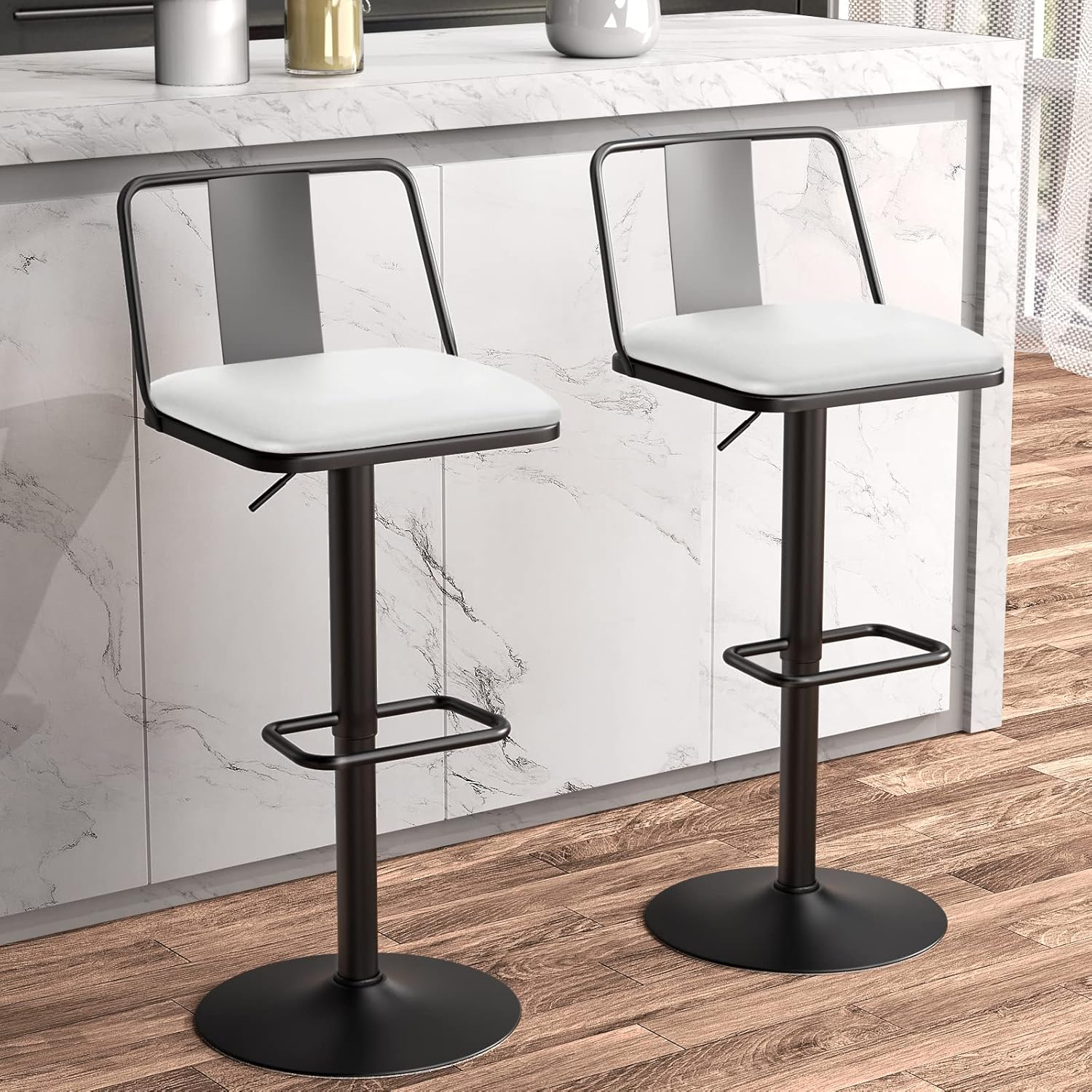 Metal Swivel Barstools Set of 2, Enlarged PU Leather Seat with Metal Back, Adjustable from 24" to 33" for Counter Height & Bar Height, Modern Design for Kitchen and Restaurant,MatteBlack