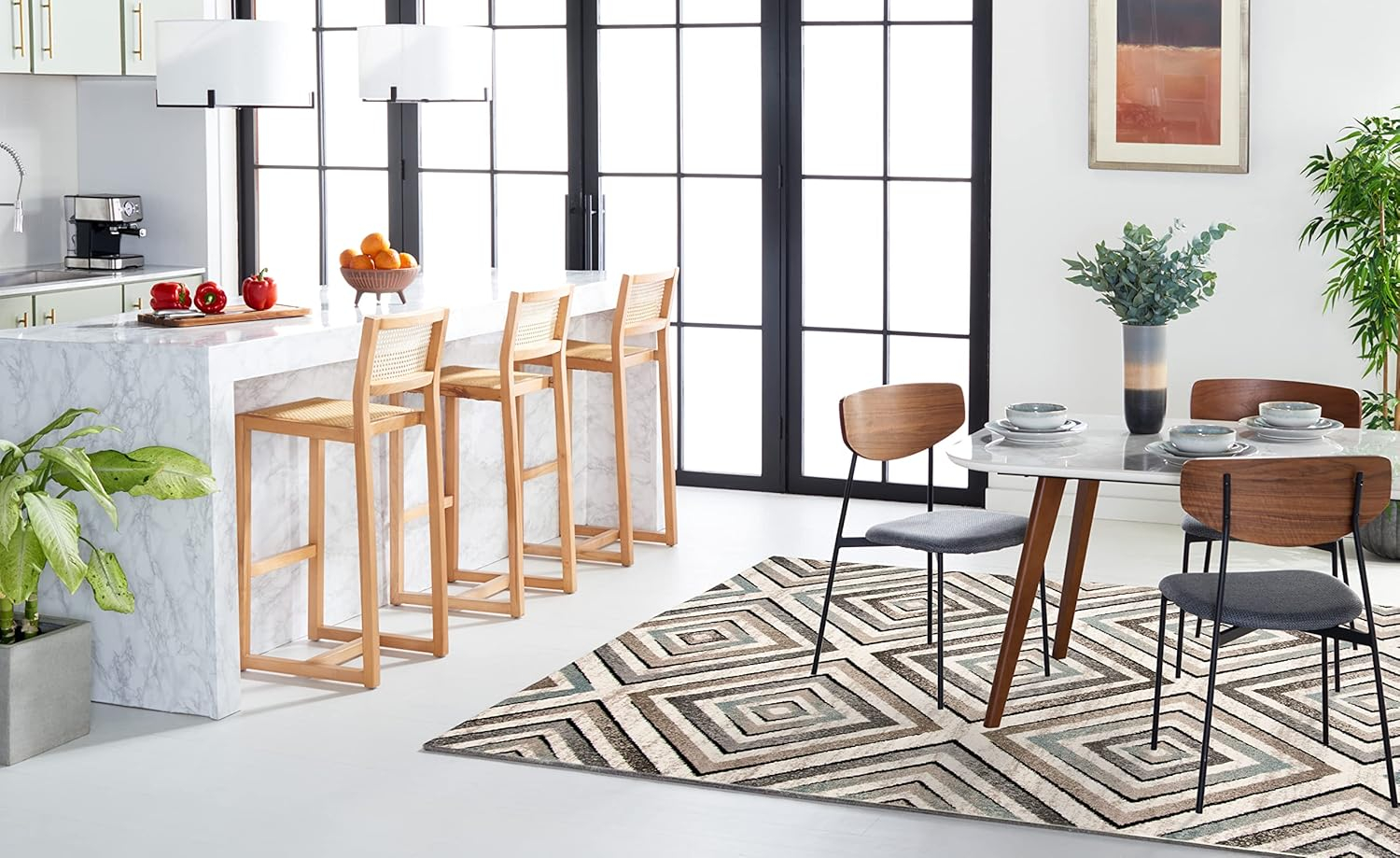 SAFAVIEH Amsterdam Collection Area Rug - 6'7" x 9'2", Cream & Beige, Diamond Geometric Design, Non-Shedding & Easy Care, Ideal for High Traffic Areas in Living Room, Bedroom (AMS109A)