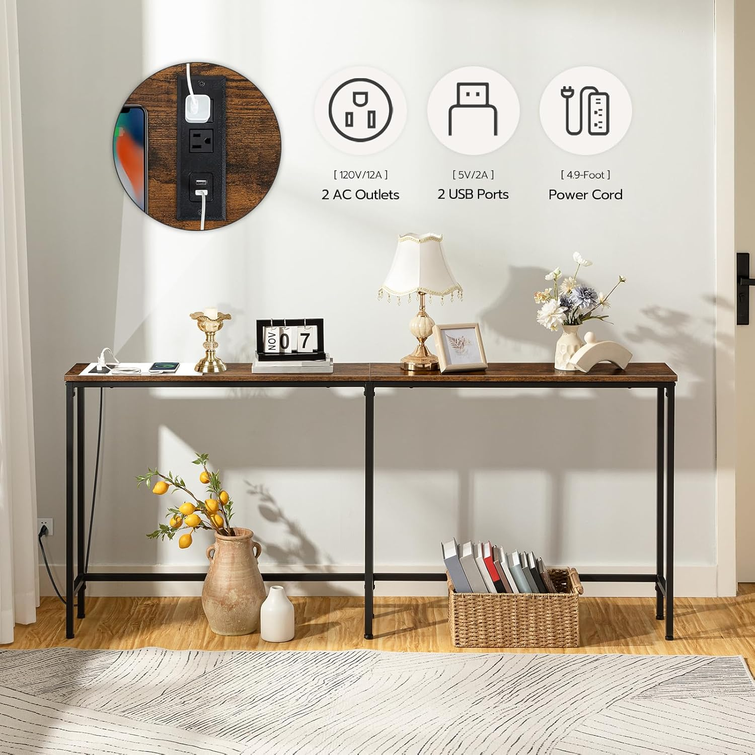HOOBRO 70.9 Inches Console Table with 2 Power Outlets and 2 USB Ports, Extra Long Entryway Table with Charging Station, Narrow Sofa Table Behind Couch, Hallway, Living Room, Rustic Brown BF1801XG01G2