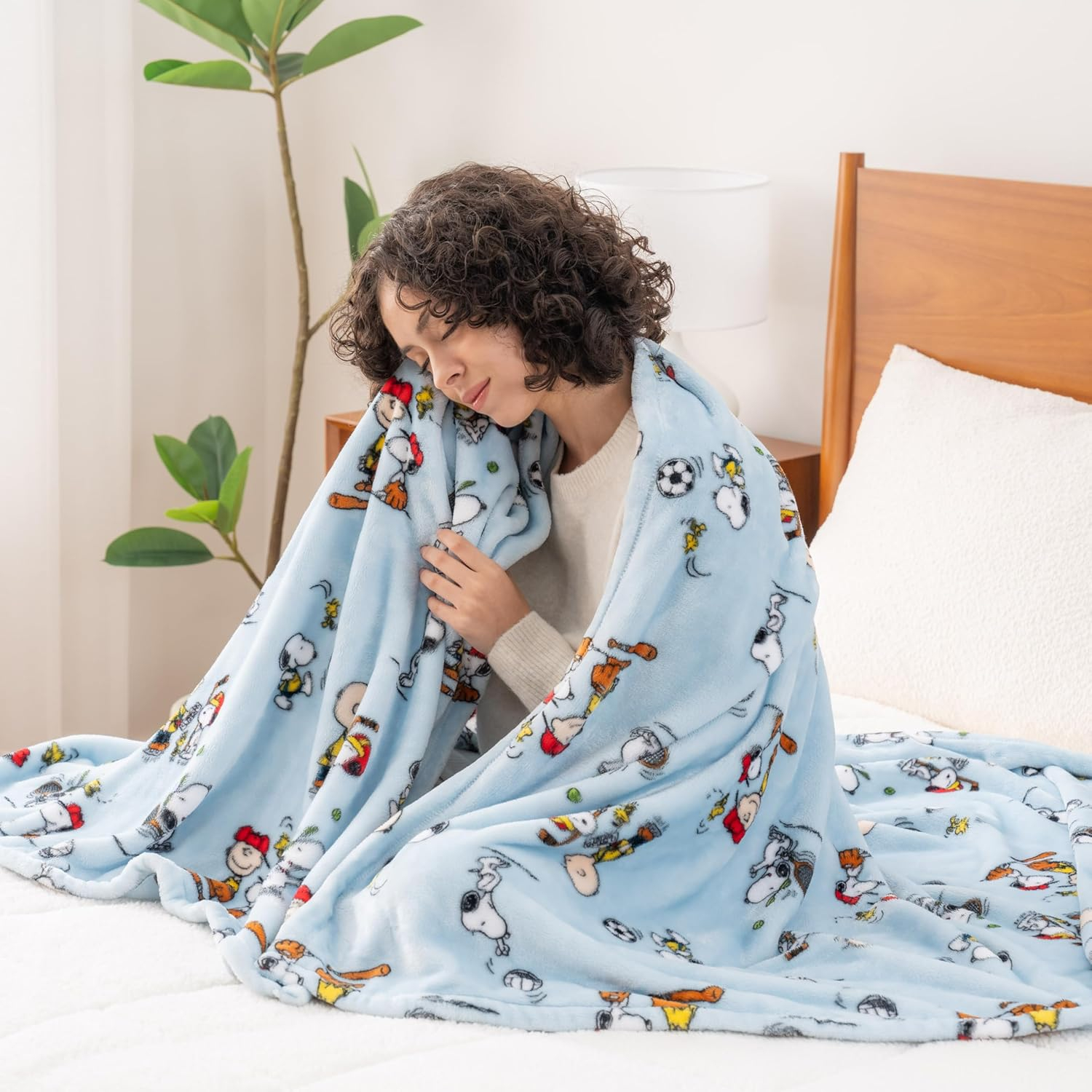 Berkshire Blanket Peanuts® VelvetLoft® Cute Character Snoopy Plush Throw Blanket,Snoopy The Athlete Closed in Blue,Throw 55 in x 70 in (Official Peanuts® Product)