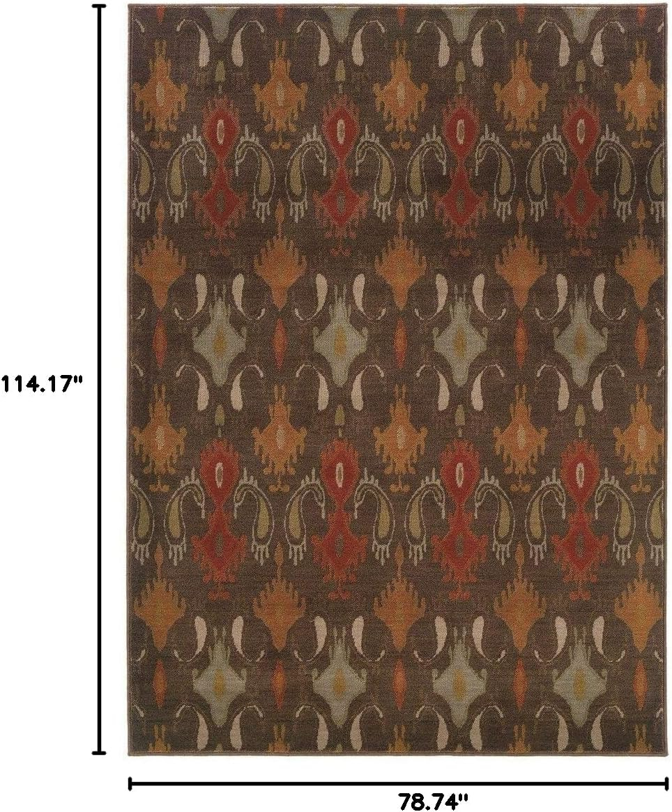 Ivory and Brown Ikat Print Synthetic Area Rug