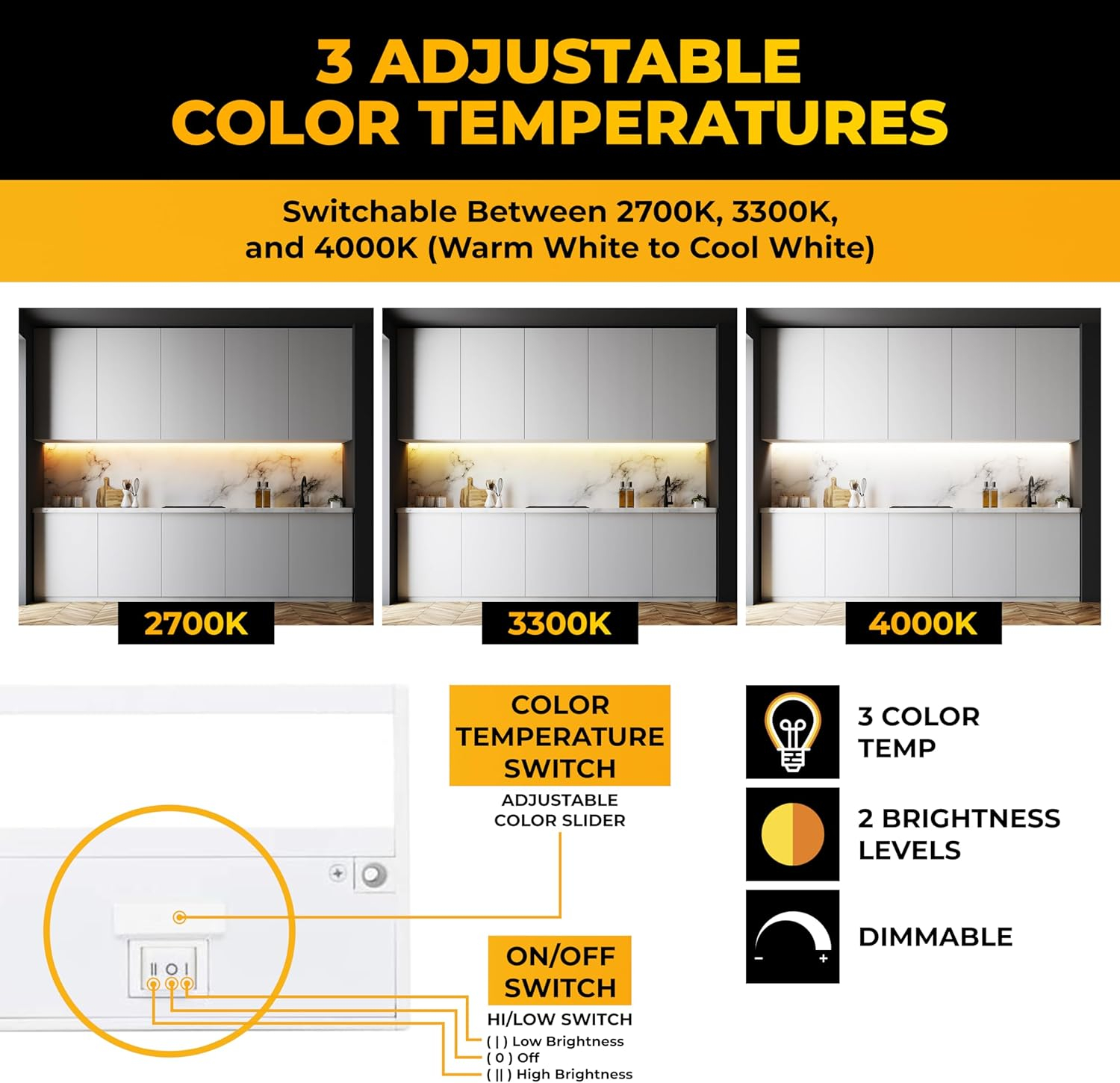 LED Under Cabinet Lighting Hardwired - Linkable Undercabinet Lights for Kitchen - 3CCT 9 Inch White Finish - Undercounter Dimmable Plug in Light or Hard Wired - Under Counter Fixture Direct Wire