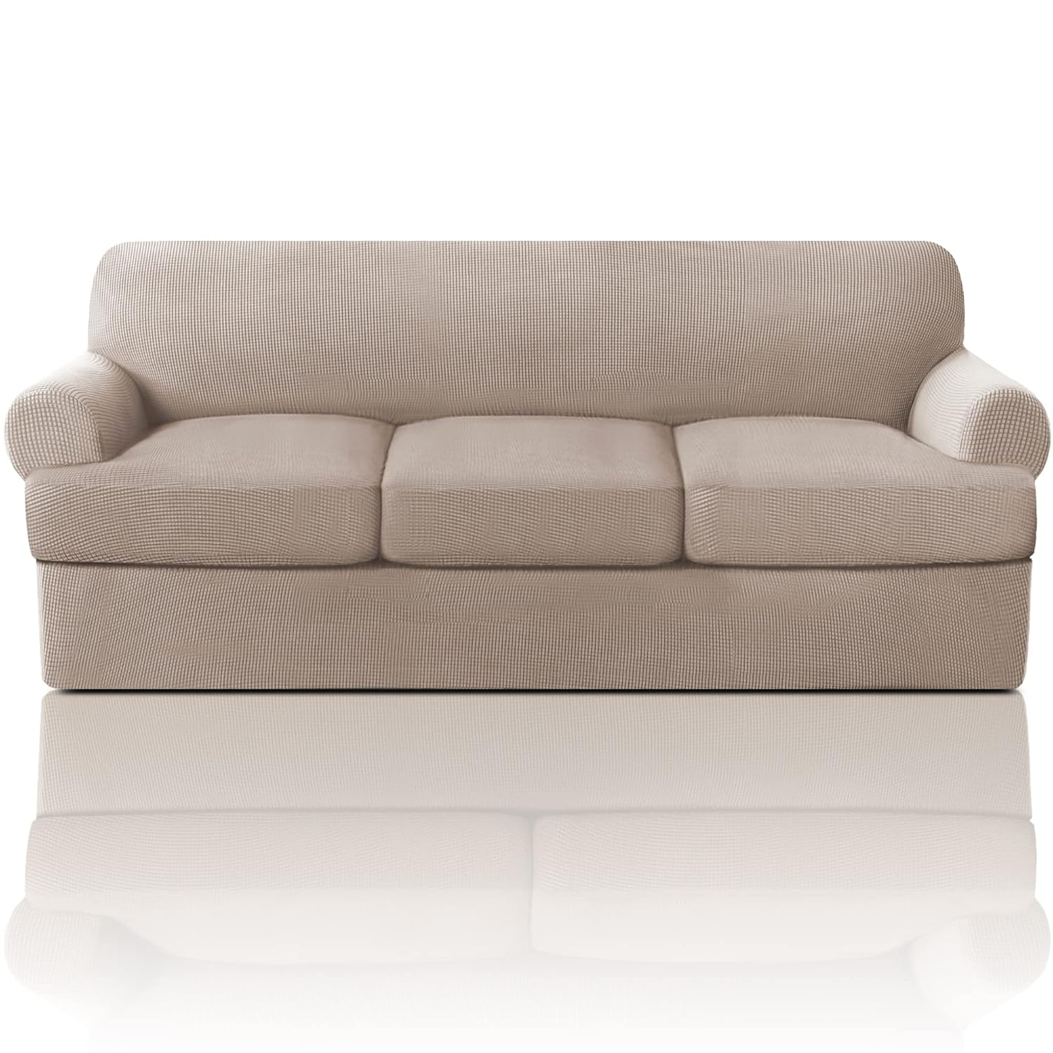 PrinceDeco T Cushion Sofa Slipcover 4 Pieces Sofa Covers for T Cushion Couch Soft Sofa Slip Covers Furniture Protector with 3 Individual T Shape Seat Covers Width Up to 90 Inch, Sand