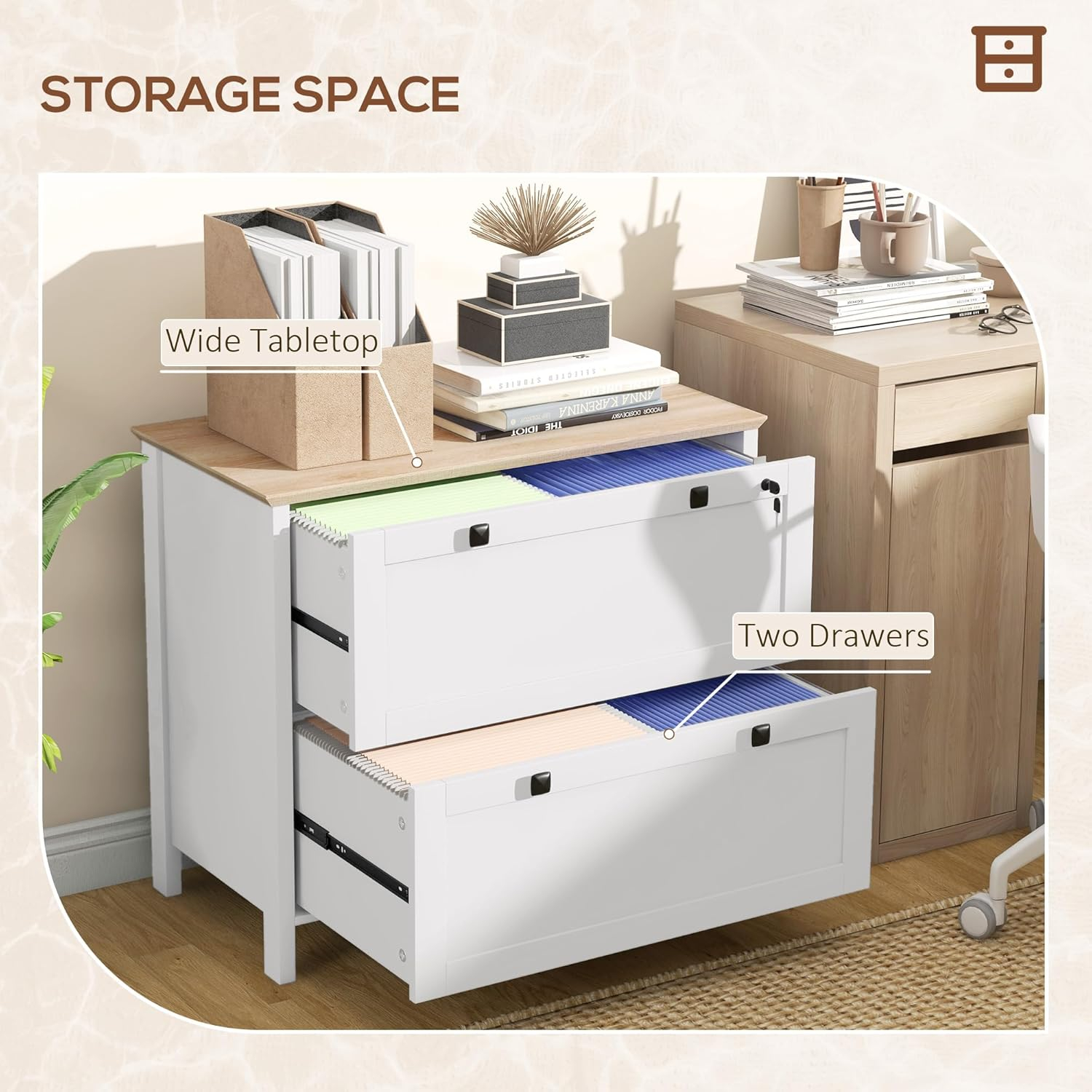HOMCOM 2 Drawer File Cabinet with Lock, Lateral Filing Cabinet with Keys, Sleek Lines Drawers and Adjustable Hanging Bar for Letter, A4 and Legal Size, White