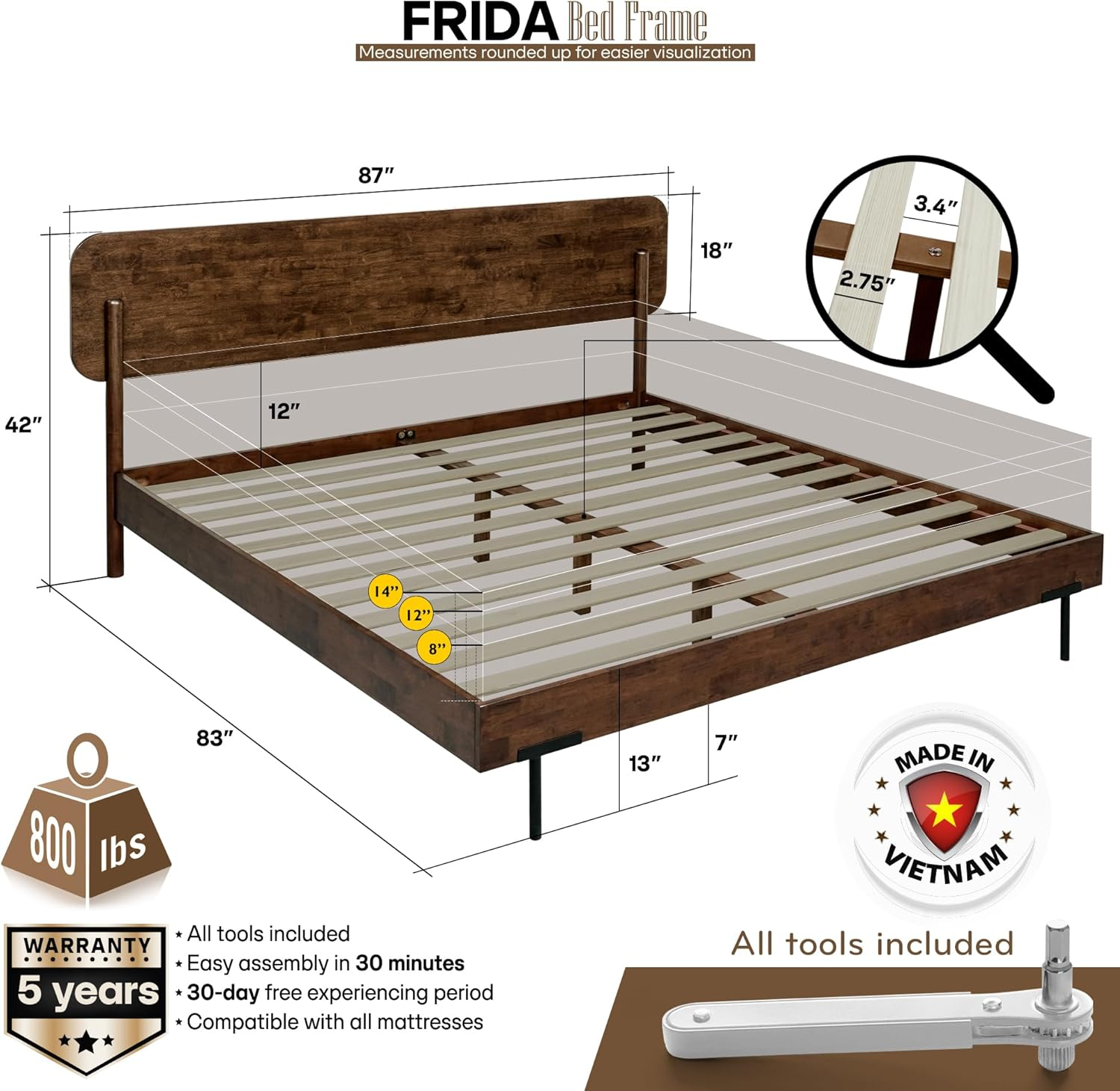 Acacia Frida King Size Bed Frame and Headboard, King Size Platform Bed Frame Scandinavian Wood Bed Compatible with All Mattress Types, Wood Slats Support, King Bed Frame Wood Bed Frame, Walnut