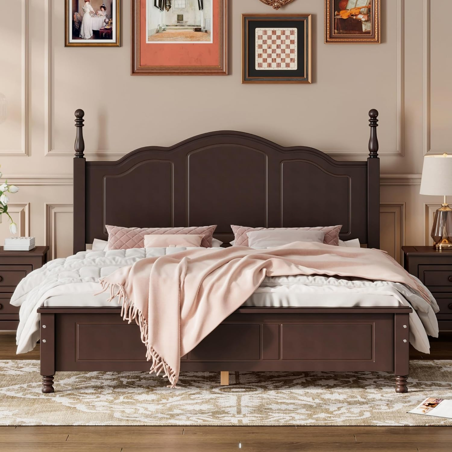 Queen Size Wood Platform Bed Frame,Retro Style Platform Bed Frame for Boys Girls Kids Adults Toddler with Wooden Slat Support,Dark Walnut