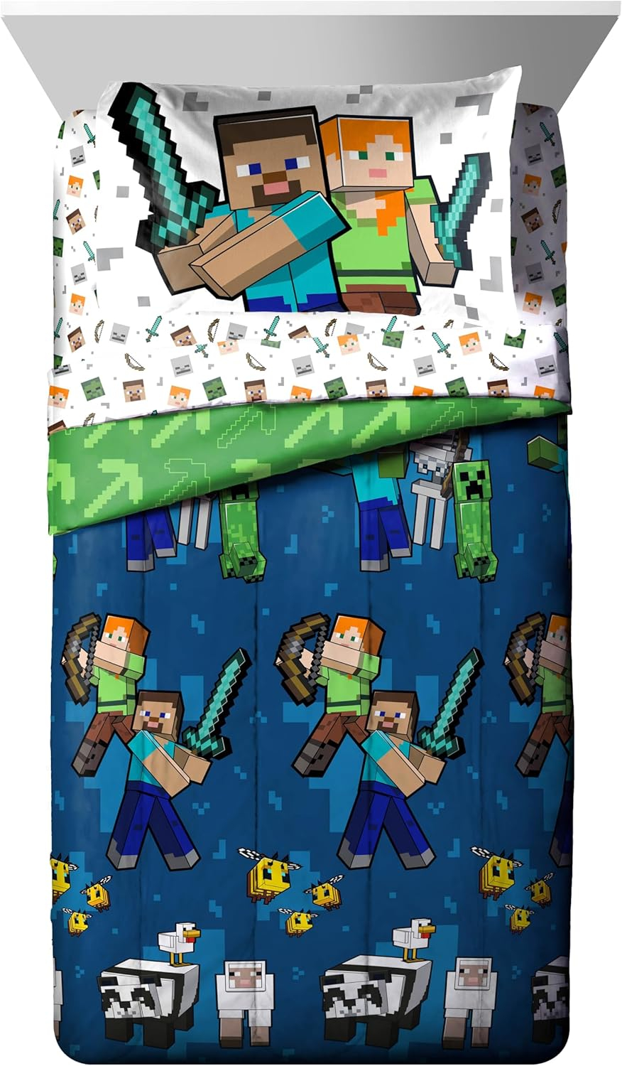 Minecraft Battle Time Blue & Green 5 Piece Twin Bed Set w/ Sham, 100% Microfiber