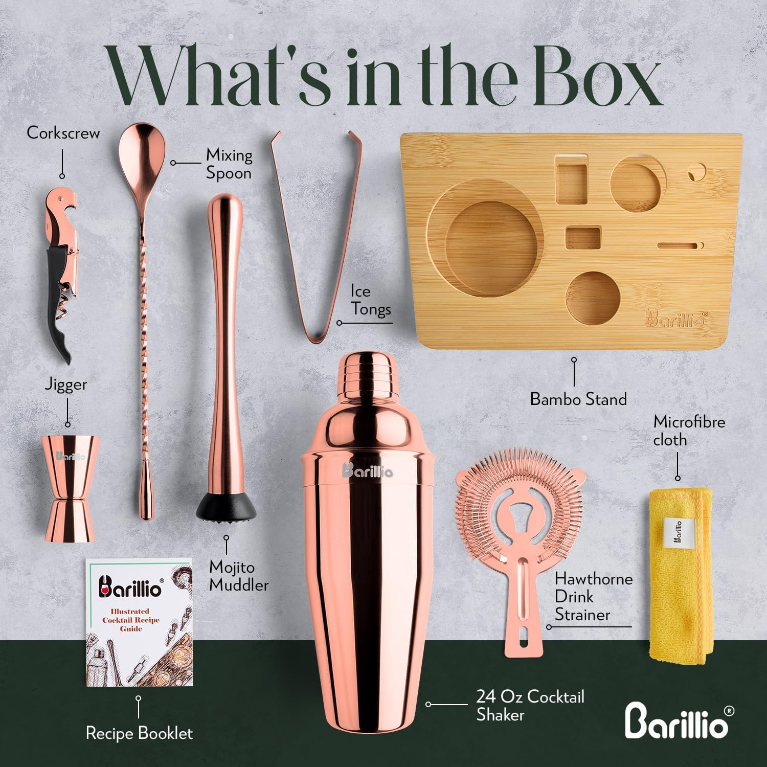 Rose Gold Stainless Steel Bartender Kit with Bamboo Stand