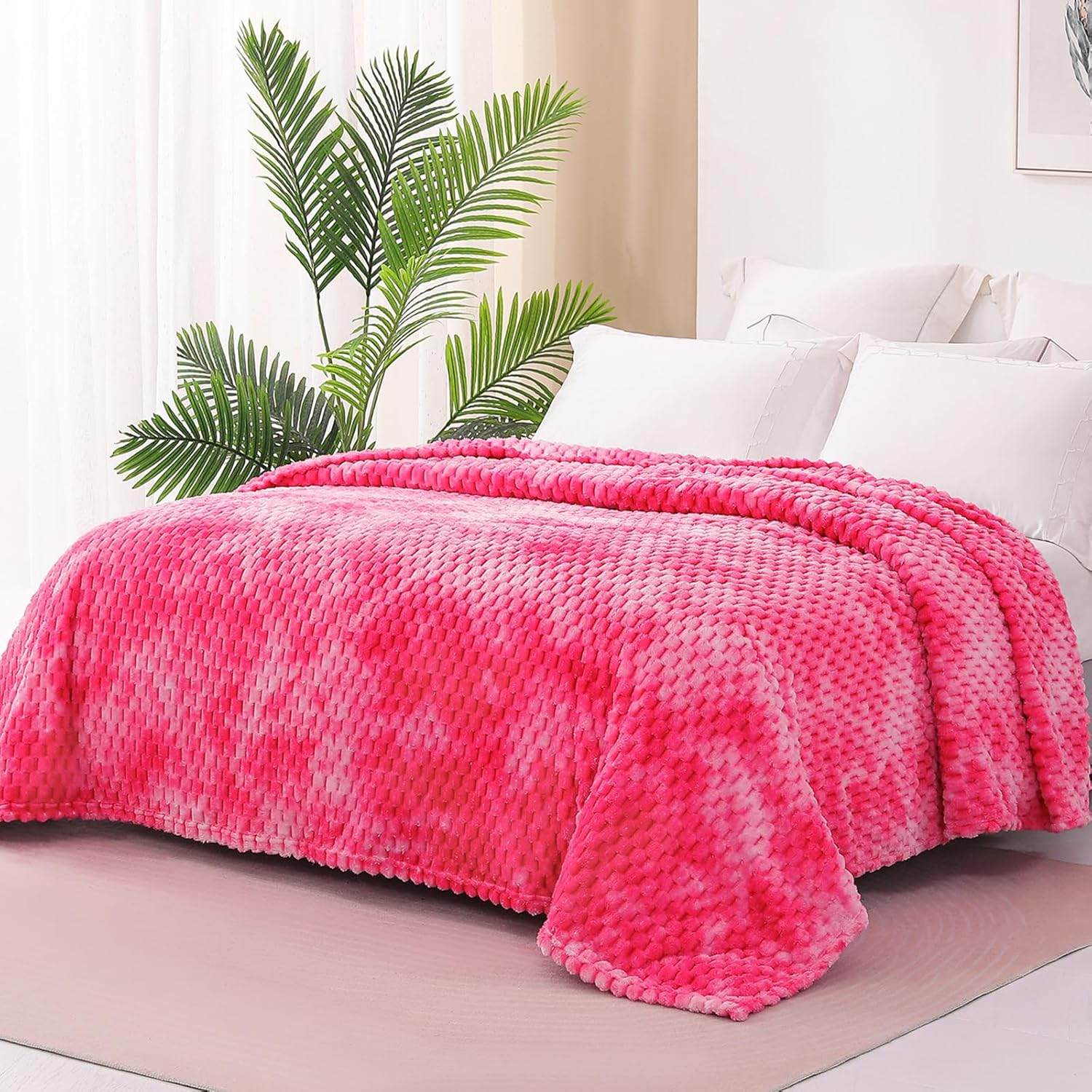 Exclusivo Mezcla Queen Size Soft Fleece Blanket, 90"x90" 3D Clouds Stylish Jacquard Velvet Blanket for Bed, Cozy Soft Lightweight for All Season, Tie-dye Hot Pink Blanket