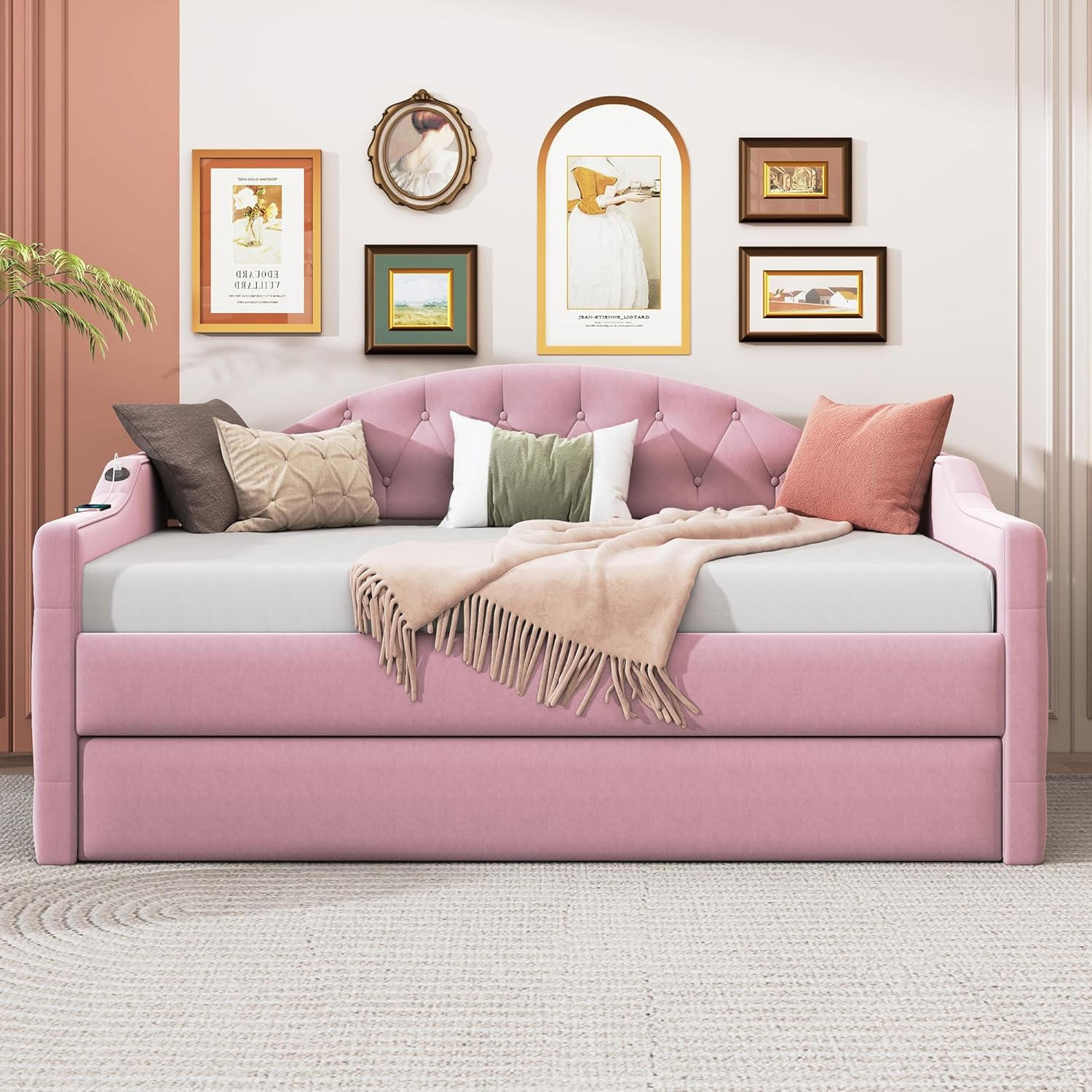 Twin Size Tufted Upholstered Daybed Bed Frame for Boys Girls Kids Adults Toddler with Trundle,Velvet Sofabed with USB&Type-C Charging Ports,No Box-Spring Needed, Pink