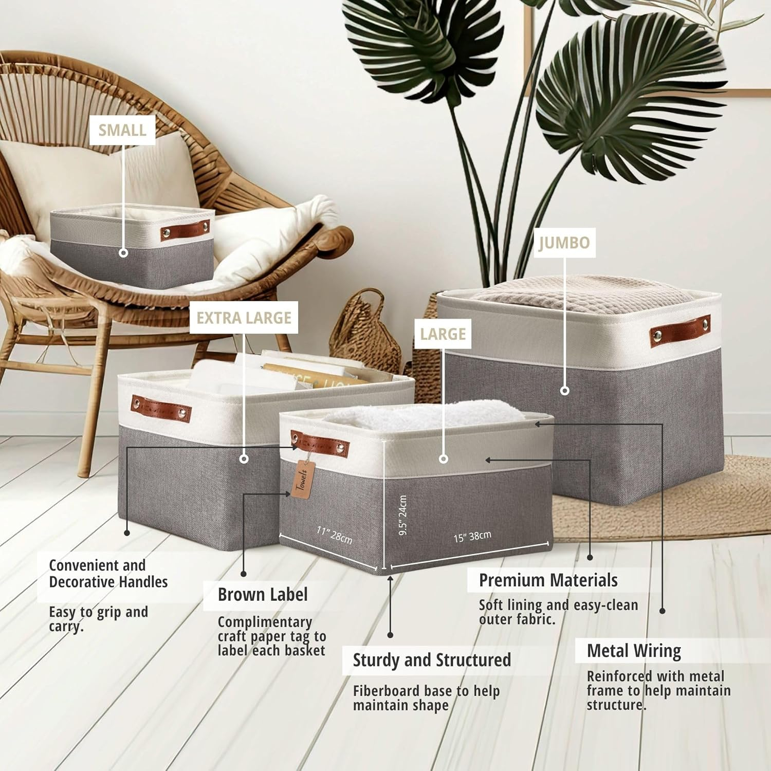 DECOMOMO Storage Bins | Fabric Storage Baskets for Shelves for Organizing Closet Shelf Nursery Toy | Decorative Large Linen Closet Organizer Bins with Handles (Slate Grey and White , Large - 3P)