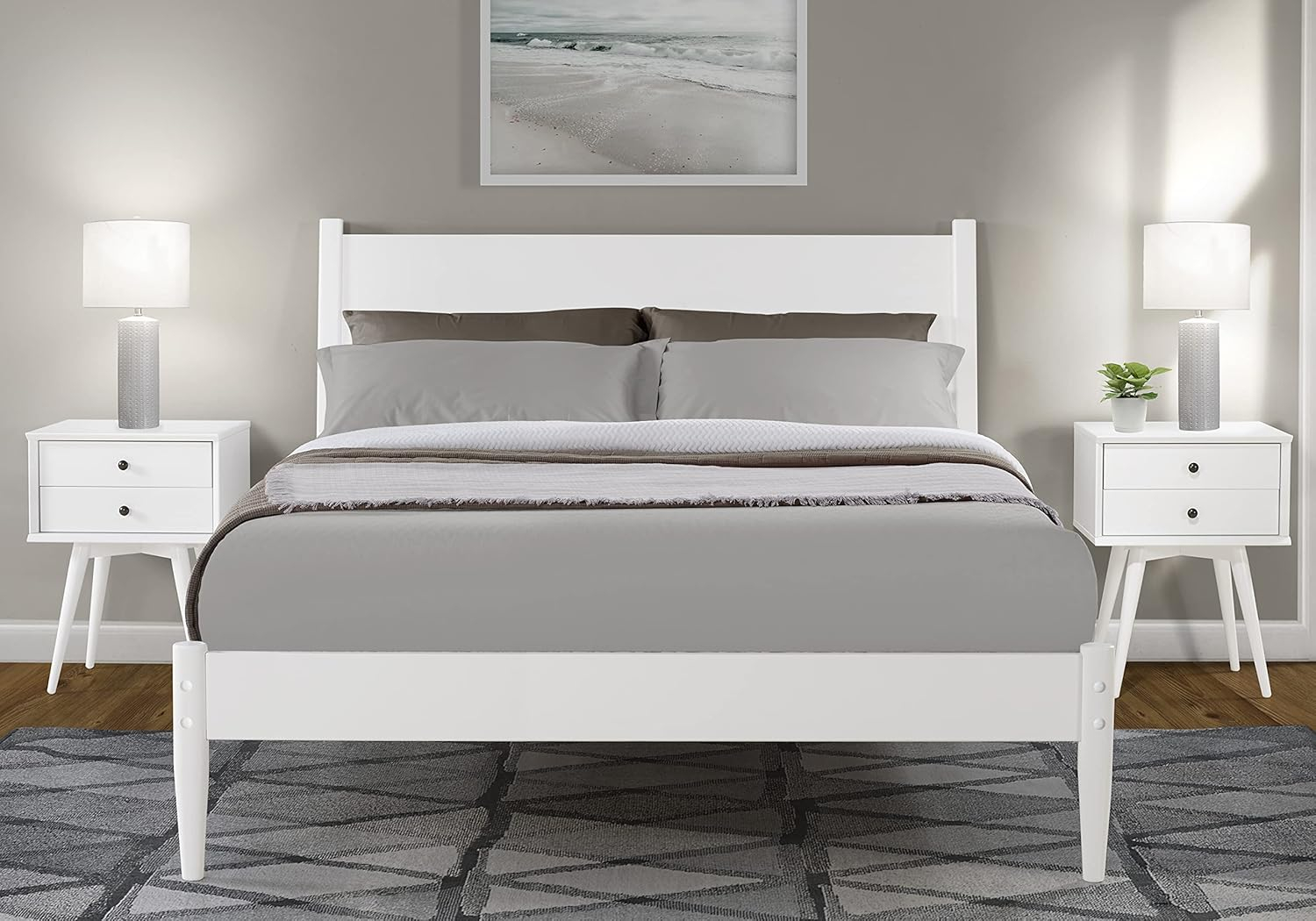 Camaflexi Mid Century Platform Bed Wood Panel Bed Frame with Headboard, Queen, White