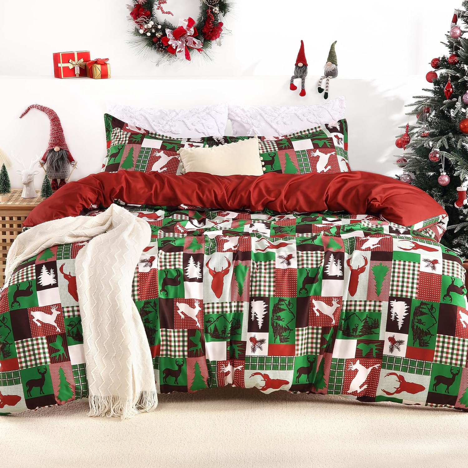 Caromio Christmas Duvet Cover Queen Size - Reindeer Patchwork Printed Decorations, Soft and Breathable Bedding Set (Queen, 90"x90")