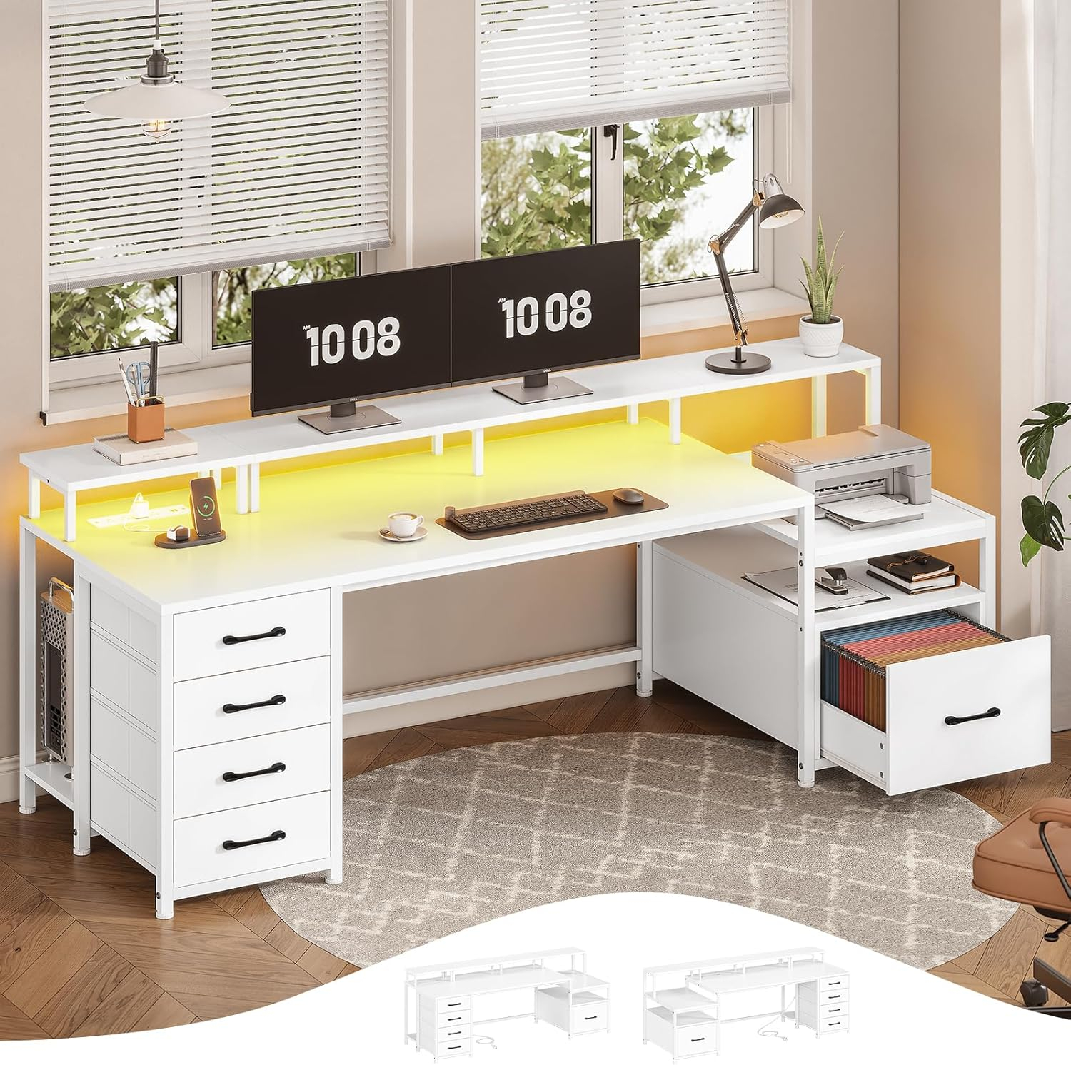 75 Inch Computer Desk with 5-Drawer Power Outlet & Led Lights, Home Office Desk with File Drawer, Storage Shelves, Printer Cabinet and Monitor Stand, Large Desktop Gaming Desk, White