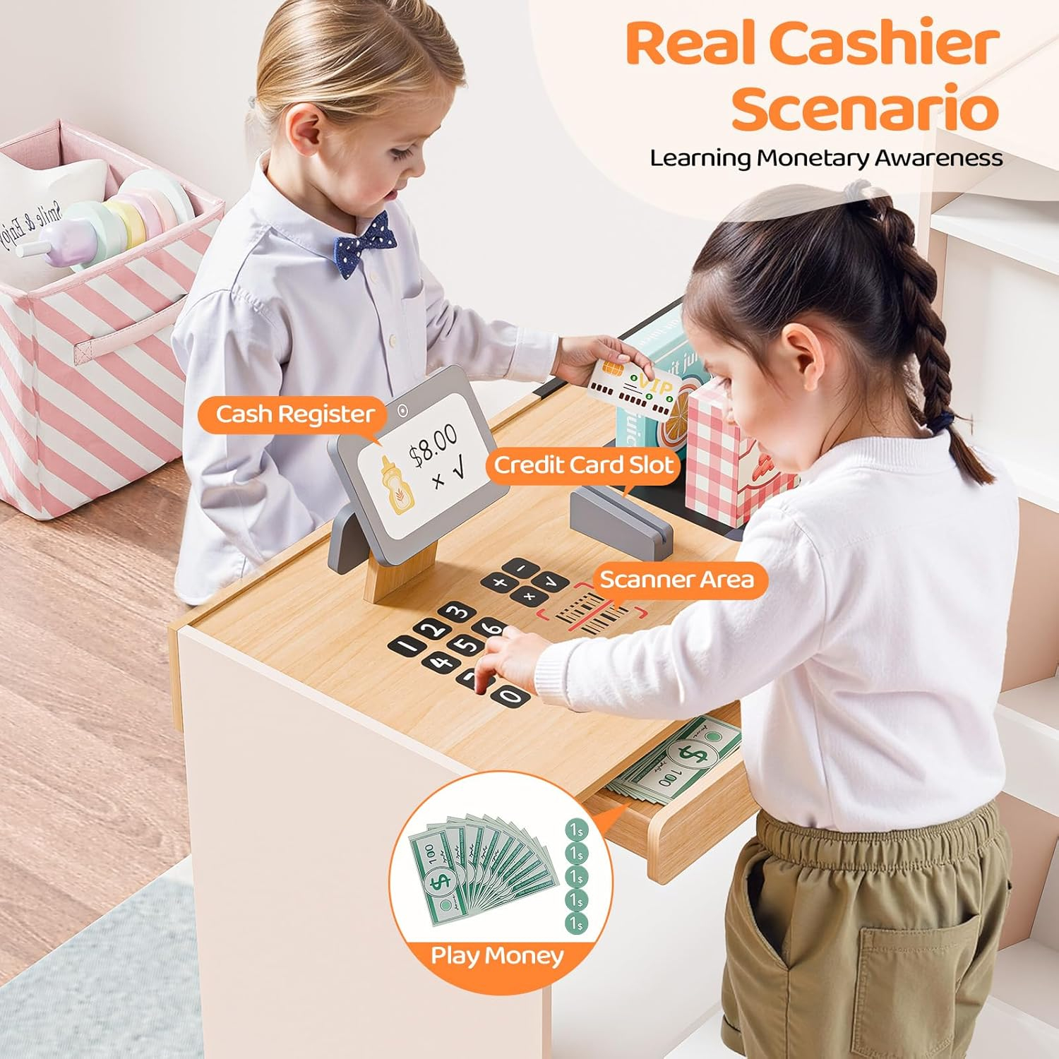 JOYMOR Grocery Store Pretend Play, Interactive Wooden Supermarket Toy Playset w/Vending Coffee Machine, Selling & Shopping Accessories 2-in-1, Toddler Play Store Perfect for Christmas Birthday Gifts