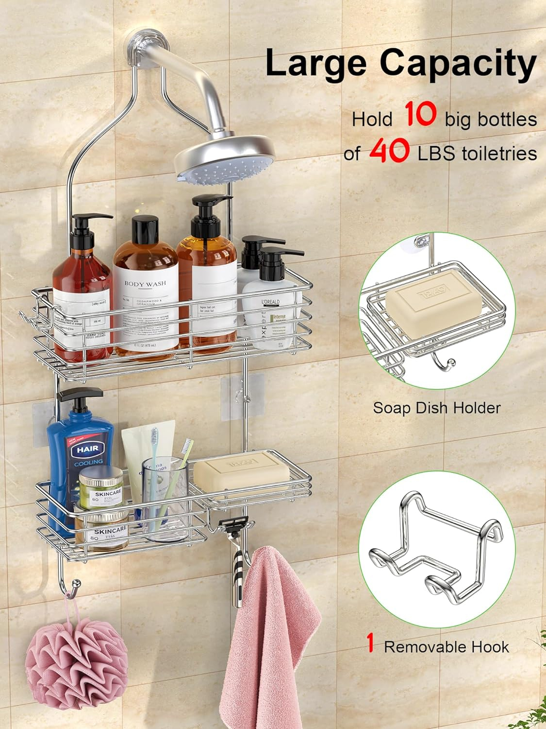 SMARTAKE Hanging Shower Head Caddy, Rustproof Bathroom Shower Room Shelf Organizer, SUS201 Stainless Steel Over The Shower Storage Rack, for Toilet, Silver