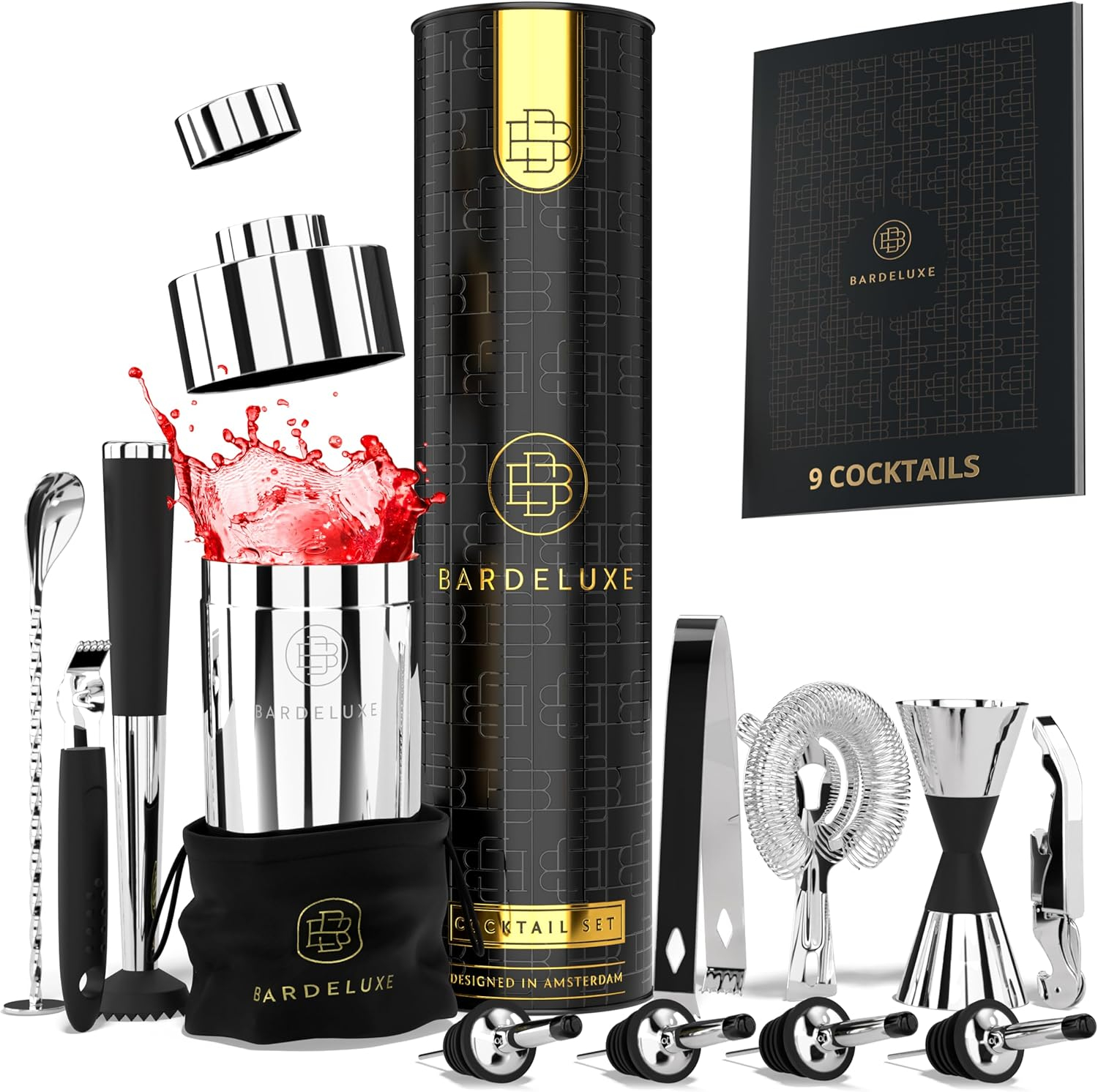 BarDeluxe® Pro Mixology Bartender Kit, 12-Piece Cocktail Shaker Set | Drink Shakers Cocktail Set, Bartending Kit, Bar Kit | Bar Kits for Bartender Home, Cocktail Kit, Bar Mixing Set, Bar Set (Silver)