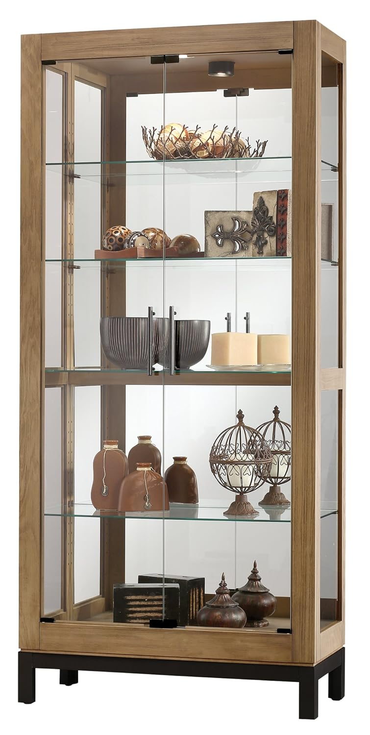 Transitional Aged Natural Lighted Curio Cabinet with Charcoal Base