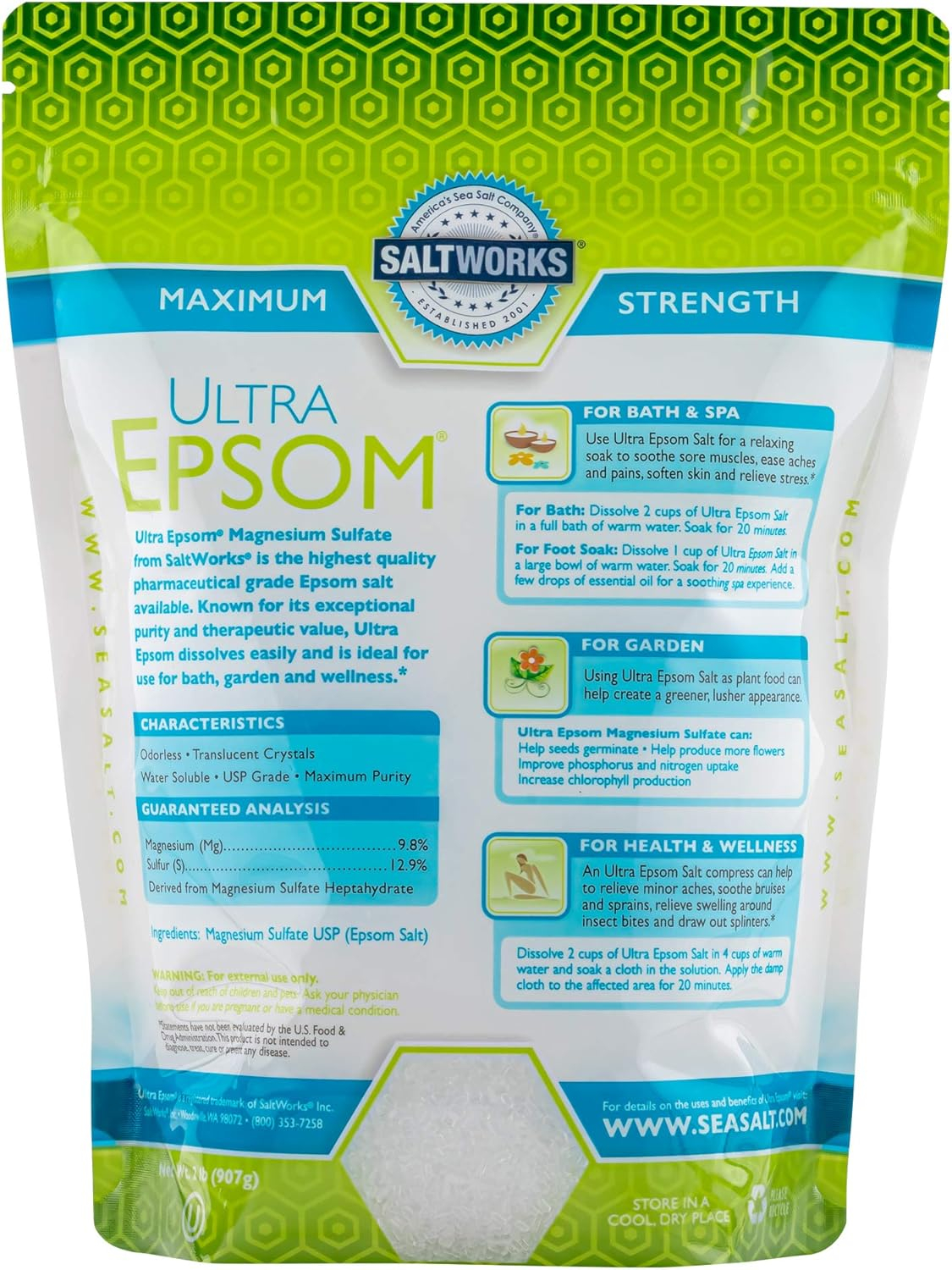 Saltworks Ultra Epsom Salt Therapeutic, Natural Soaking Solution, 2 lb. Pack