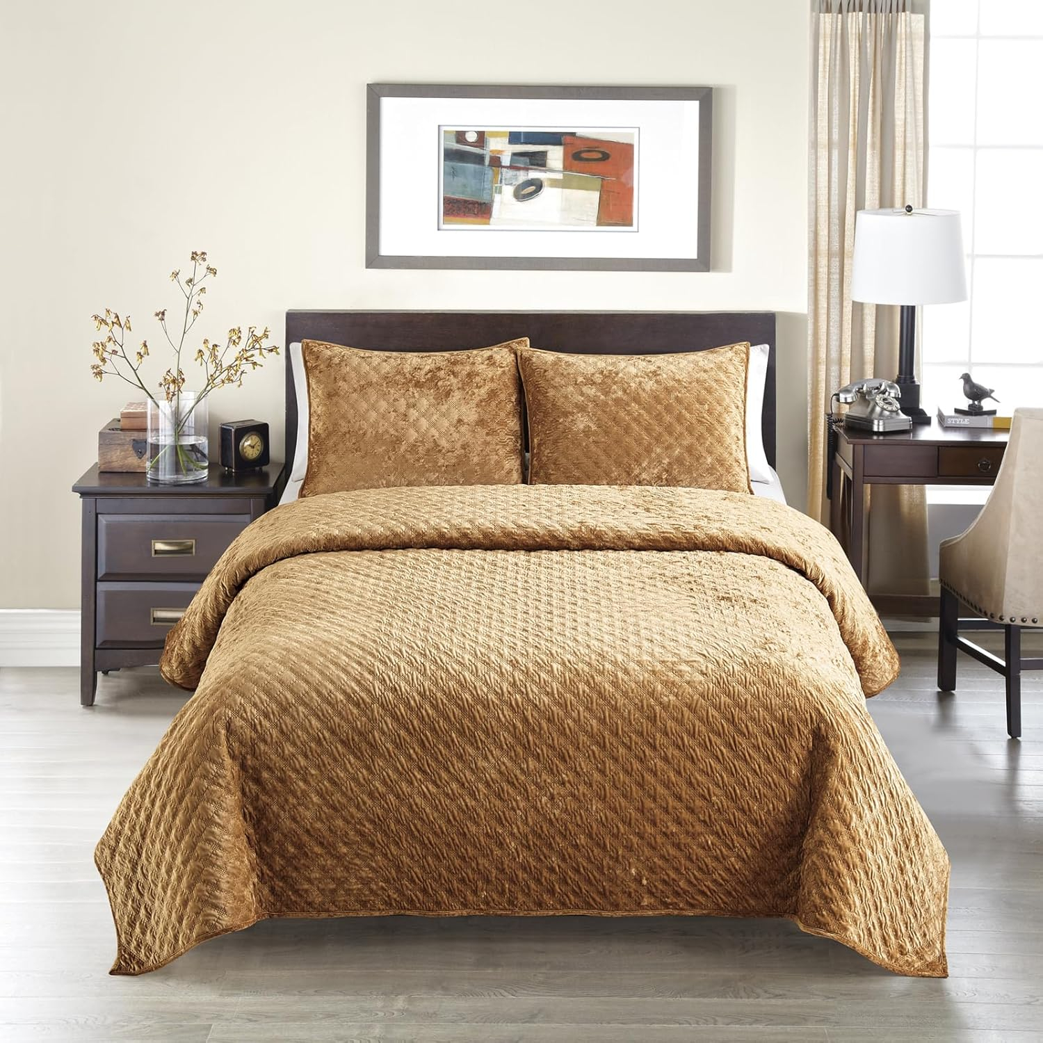 Chezmoi Collection Nina 3-Piece Modern Diamond Pattern Solid Velvet Quilt Set