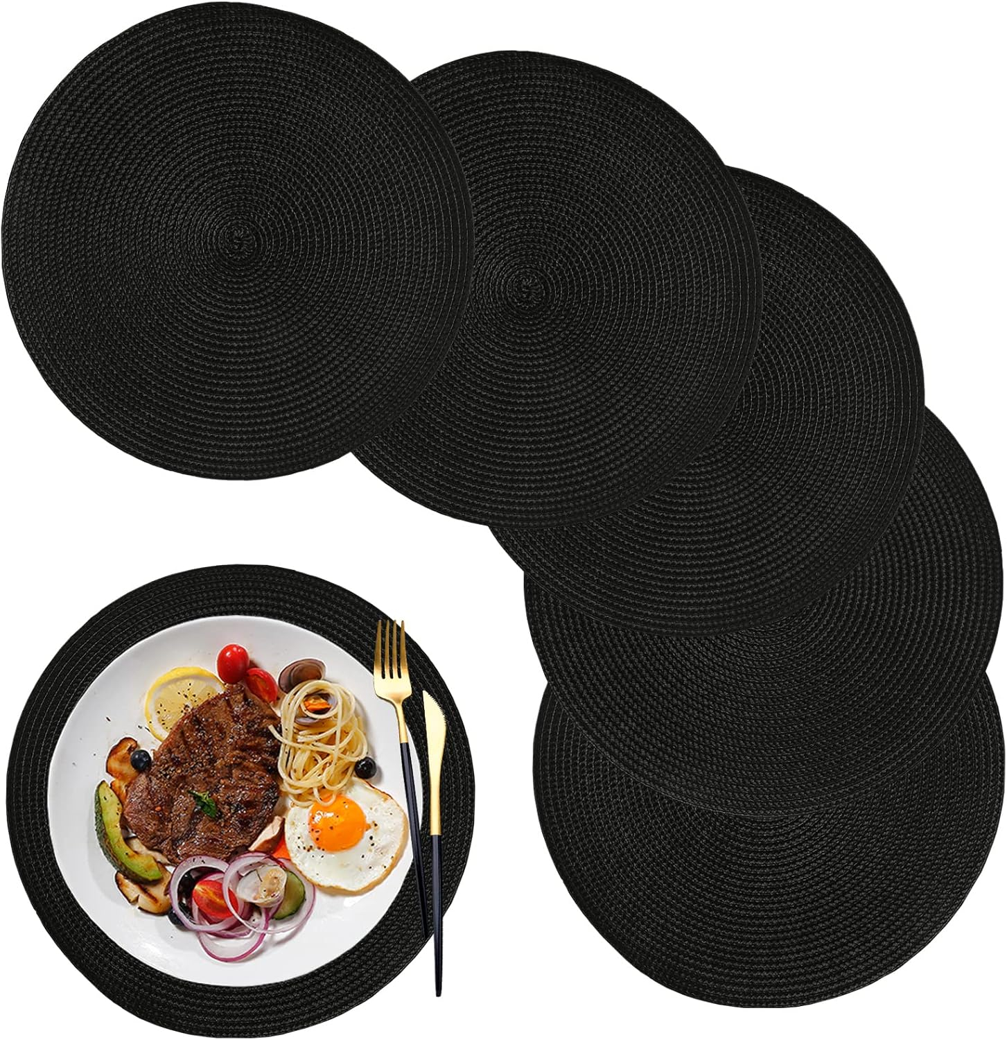 Black Round Polypropylene Placemats Set of 6 for Dining Table