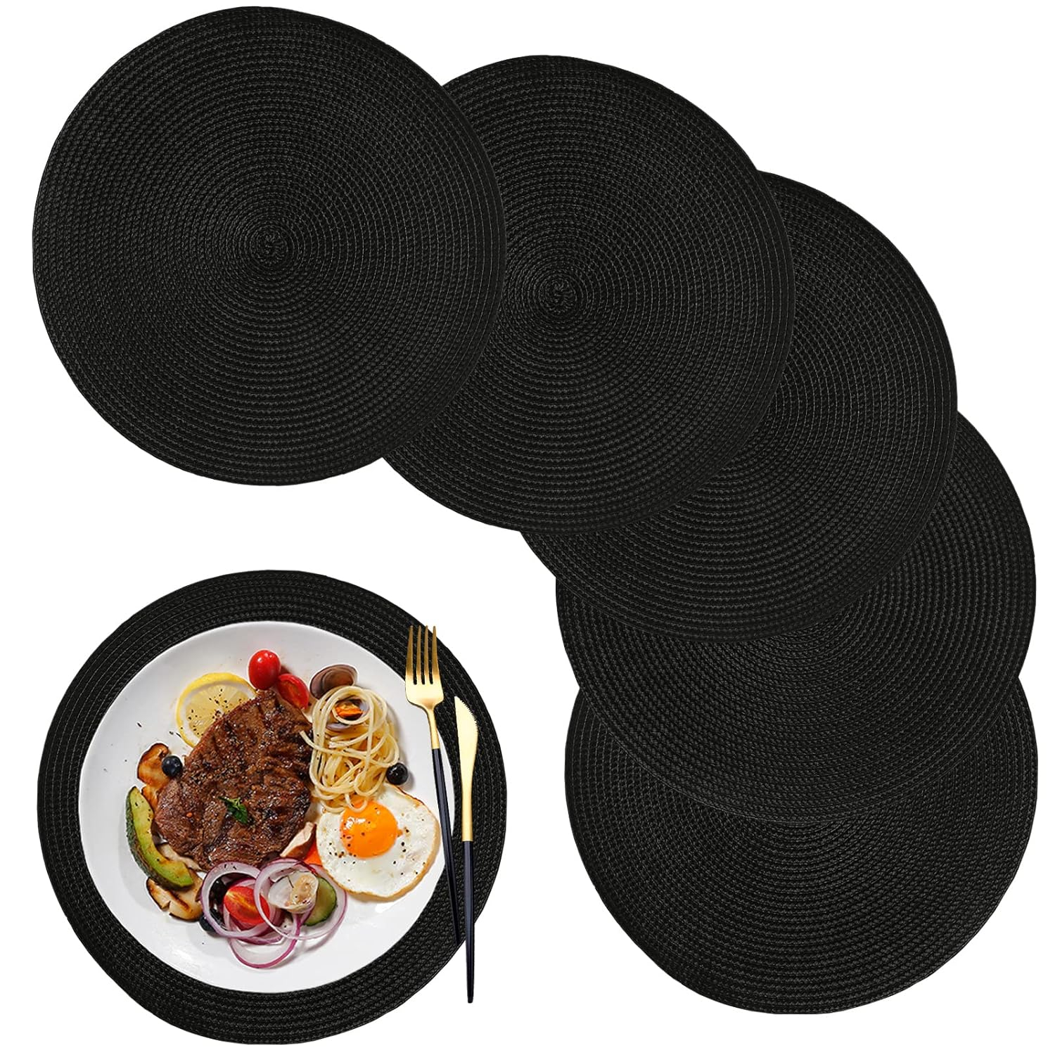 Black Round Polypropylene Placemats Set of 6 for Dining Table