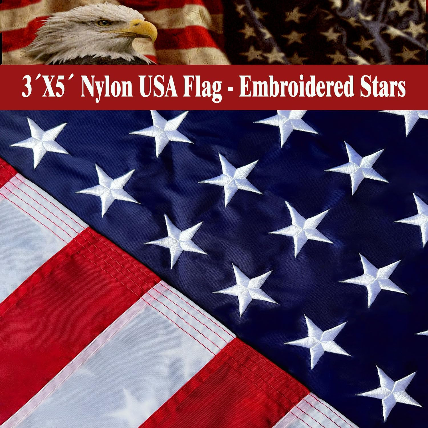3x5 American Flag for Outside Outdoor Heavy Duty-Nylon USA Flags- Embroidered US Flags Sewn Stripes with Brass Grommets